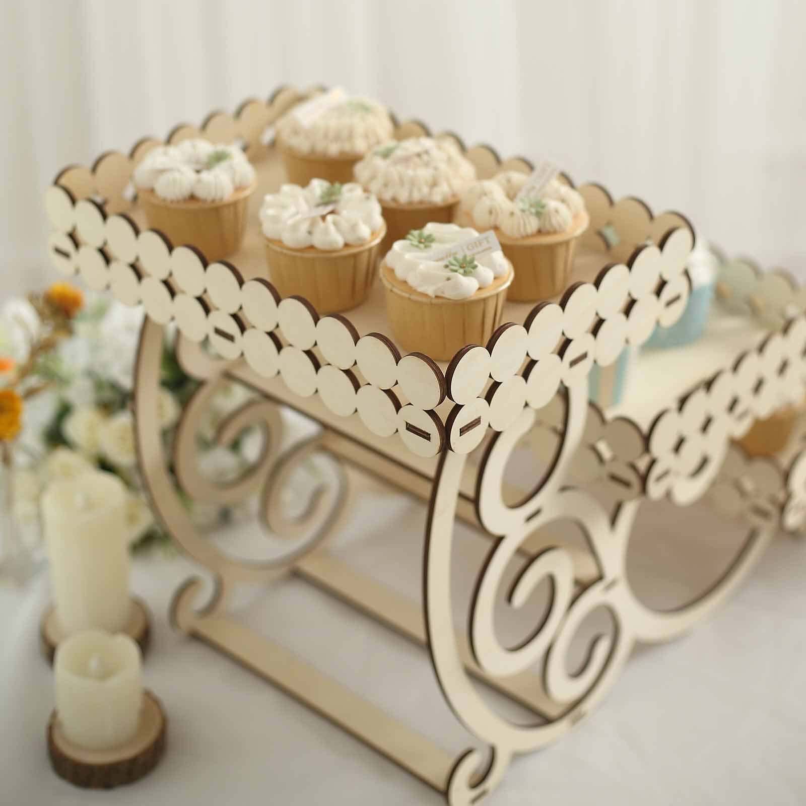 3-Tier Wooden Dessert Display Rectangular Laser Cutout Design Natural - Serving Platter Cupcake Mini Cake Tray 22