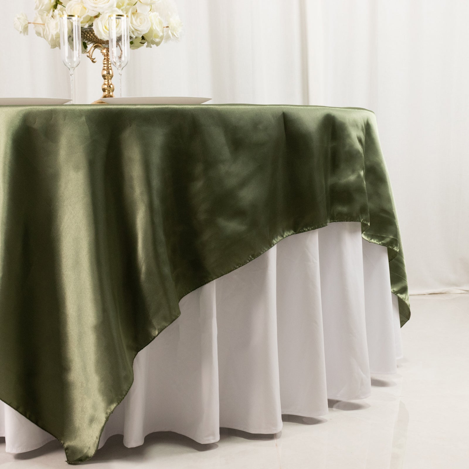 Satin 90x90 Table Overlay Square Tablecloth Dusty Sage Green - Smooth Finish Table Topper