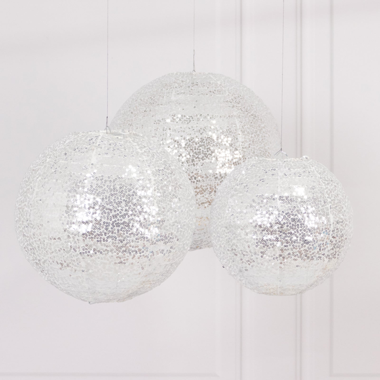 Set of 3 Glitter Silver Sequin Fabric Hanging Lanterns, Decorative Round Foldable Chinese Lantern Lampshades - 8,10,12