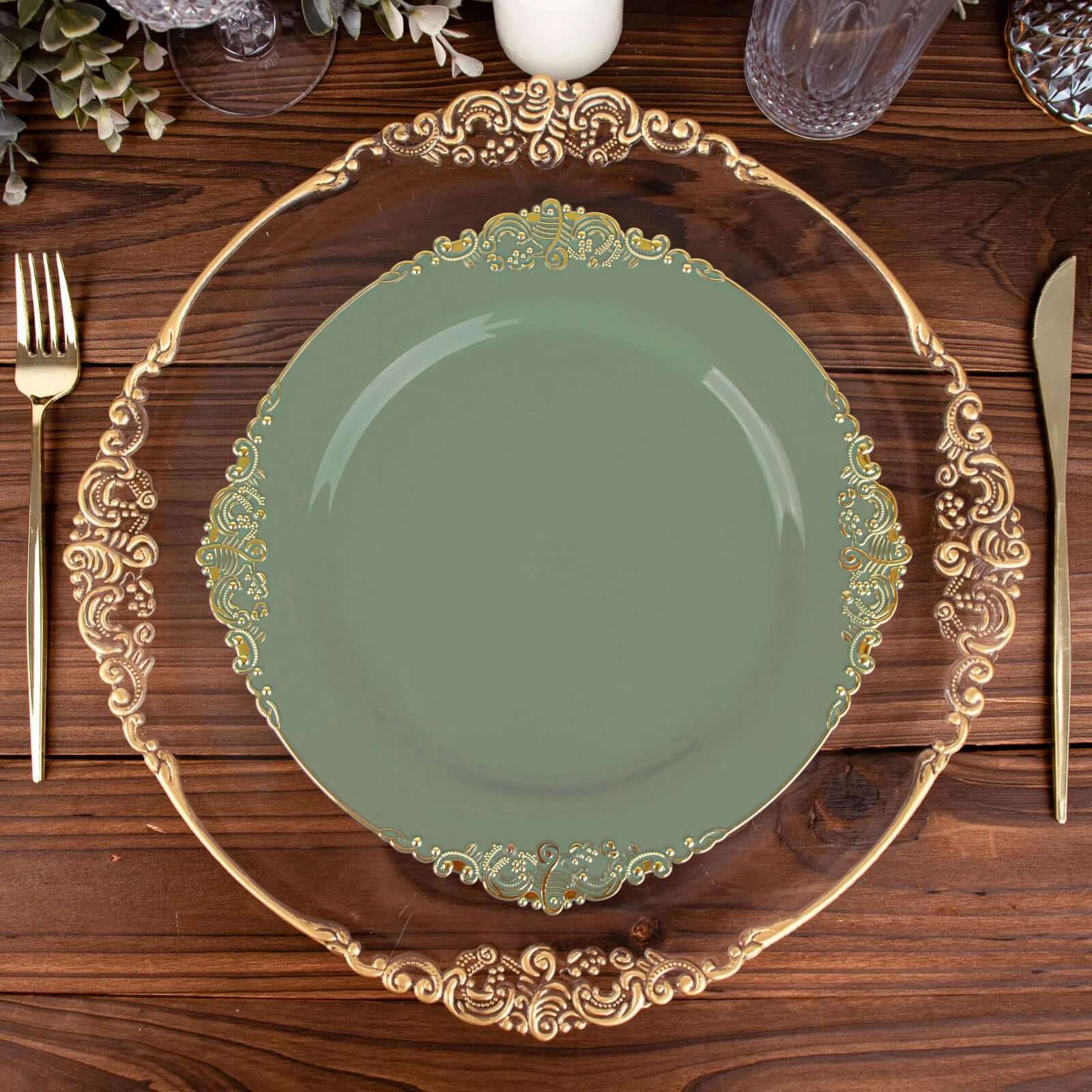 10-Pack Plastic 10 Round Dinner Plates in Dusty Sage Green with Gold Leaf Embossed Rim - Disposable Vintage Baroque Style Plates