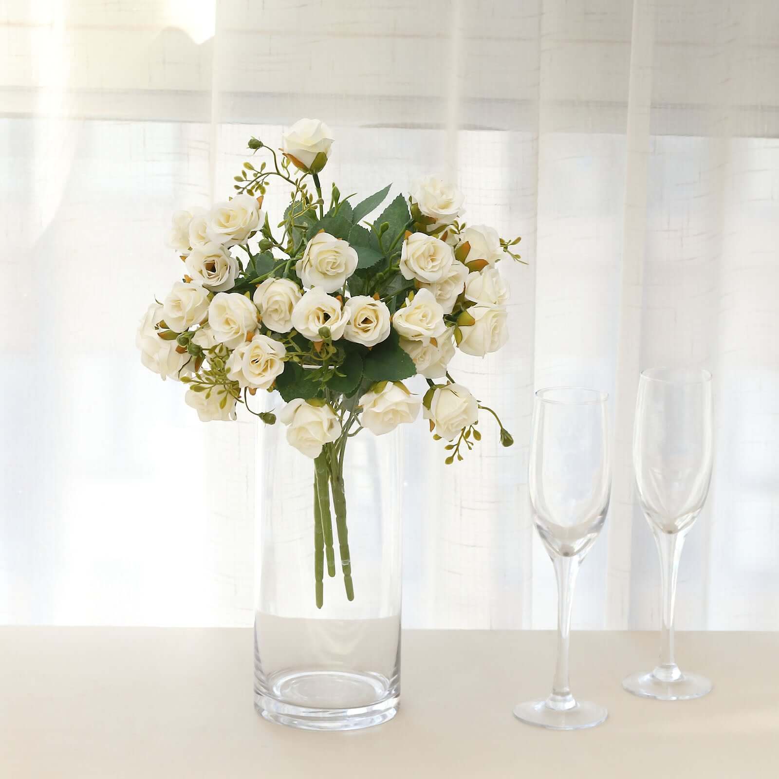 2 Pack 12 Ivory Artificial Open Rose Flower Arrangements, Small Faux Floral Bouquets