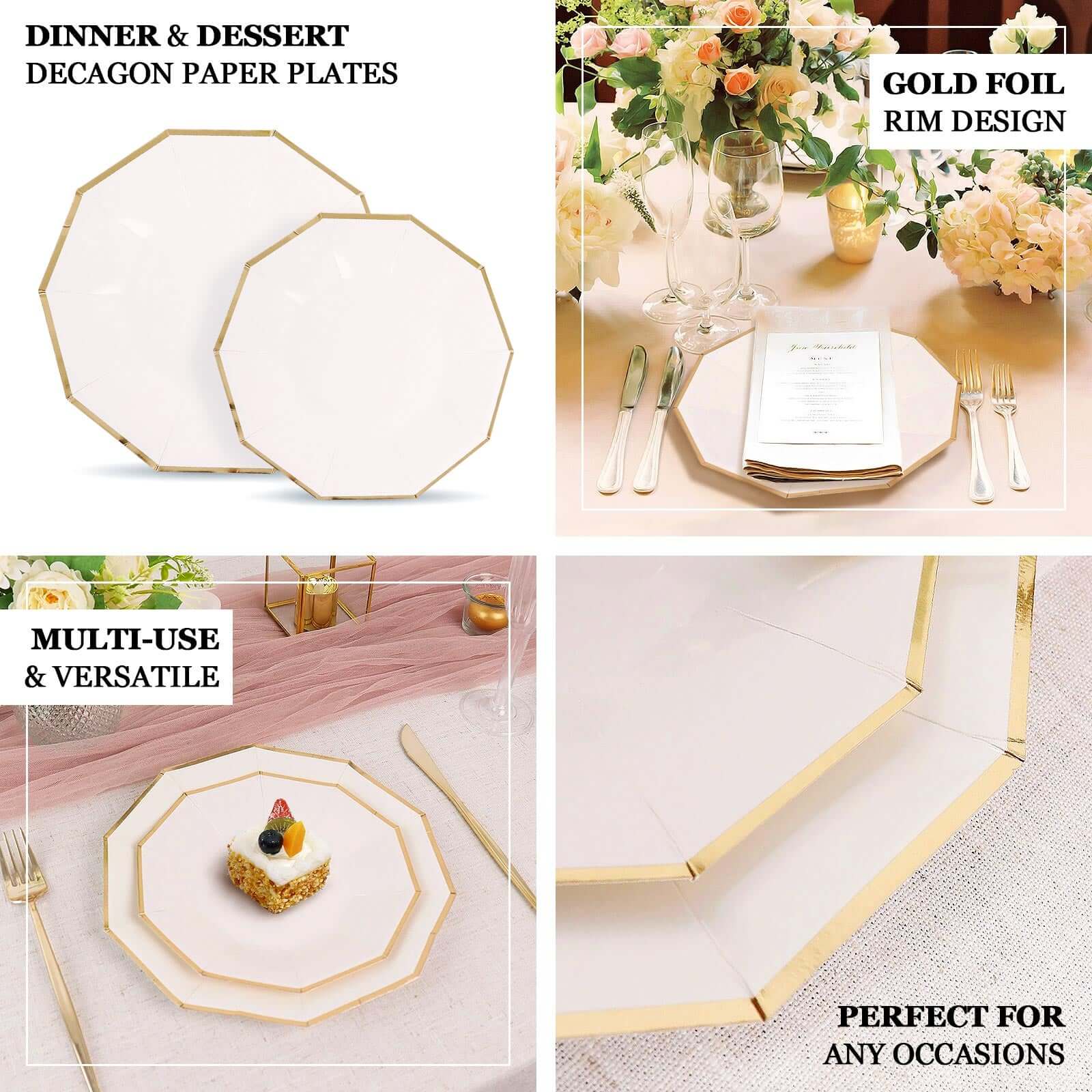 25-Pack Paper 7 Decagon Appetizer Plates in Beige with Gold Foil Rim - Stylish Geometric Dessert/Salad Plates for Cocktail Parties & Receptions