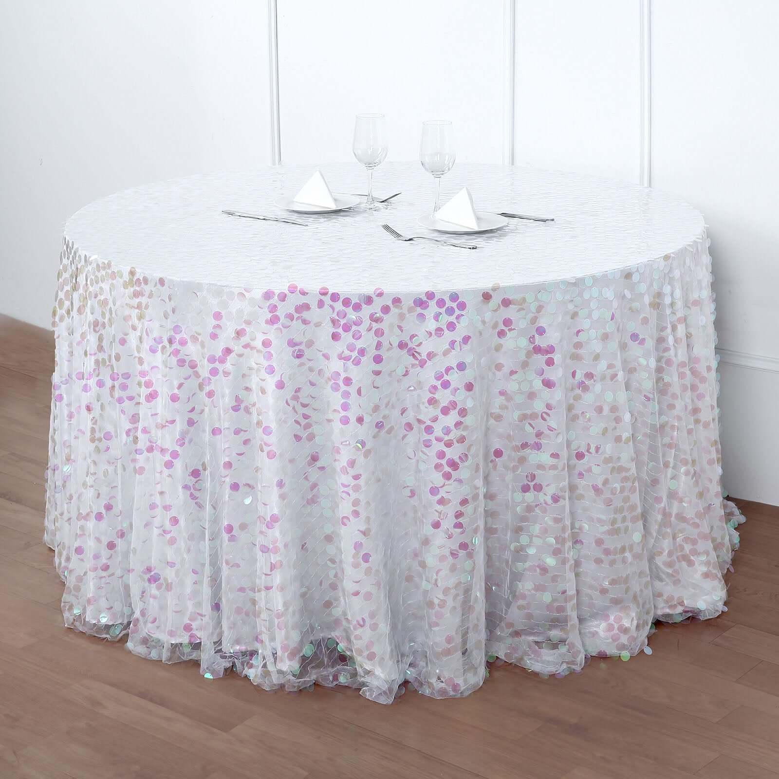 120 Iridescent Seamless Big Payette Sequin Round Tablecloth Collection for 5 Foot Table With Floor-Length Drop