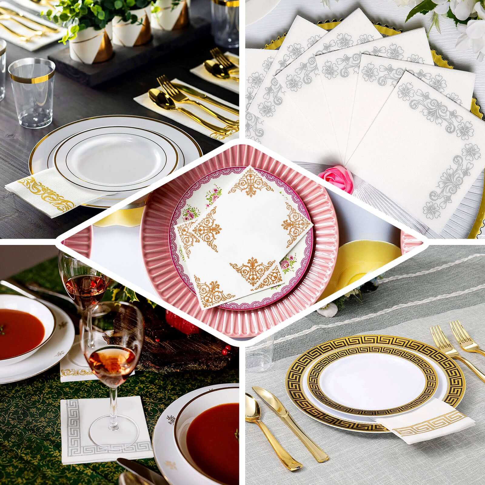 25 Pack White Linen-Feel Dinner Paper Napkins with Gold Fleur Vintage Print, Premium Cloth-Like Airlaid Disposable Napkins, Soft and Absorbent Guest Towels