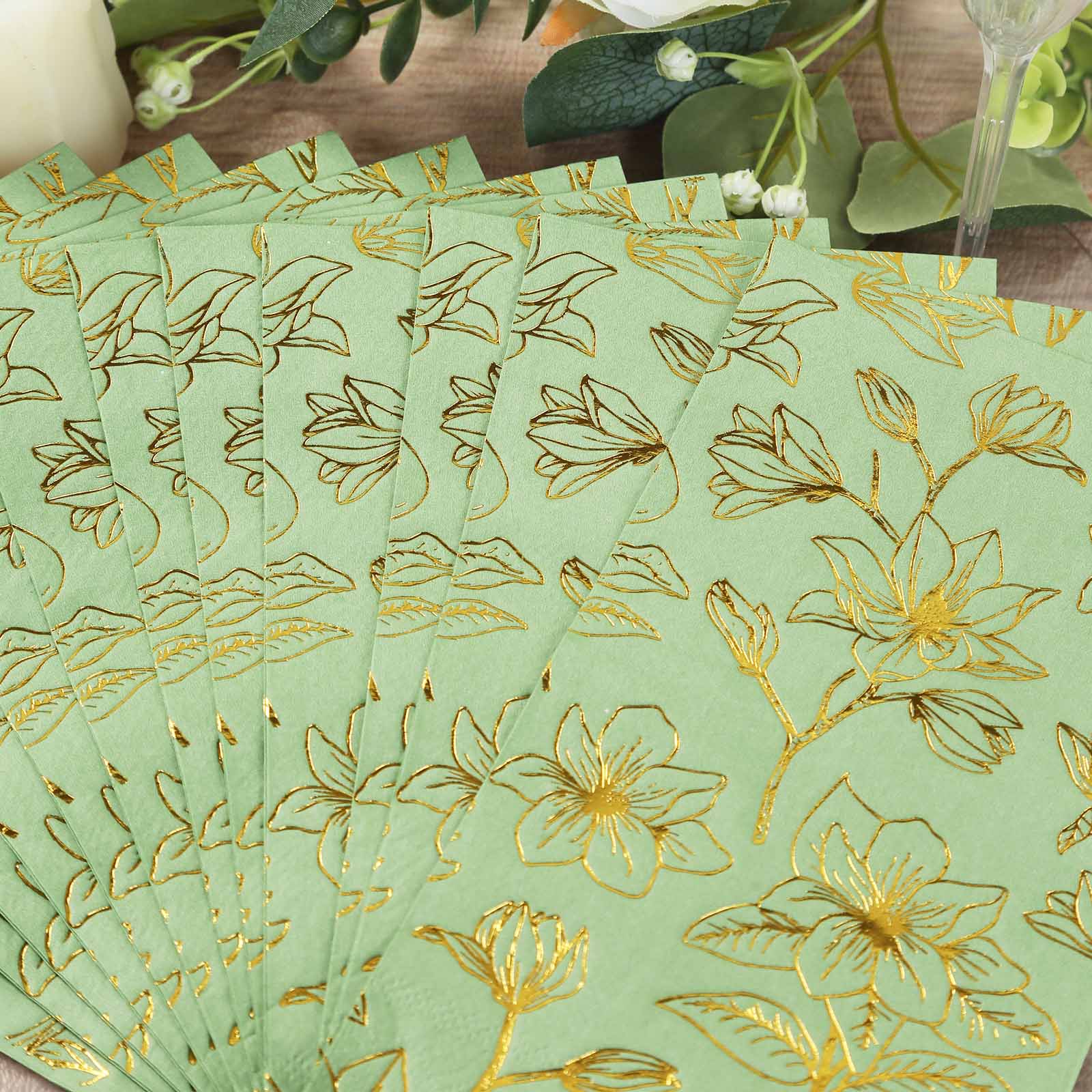 50-Pack Paper Dinner Napkins Sage Green with Gold Magnolia Flowers Print 2-Ply - Disposable Soft Napkins for Parties