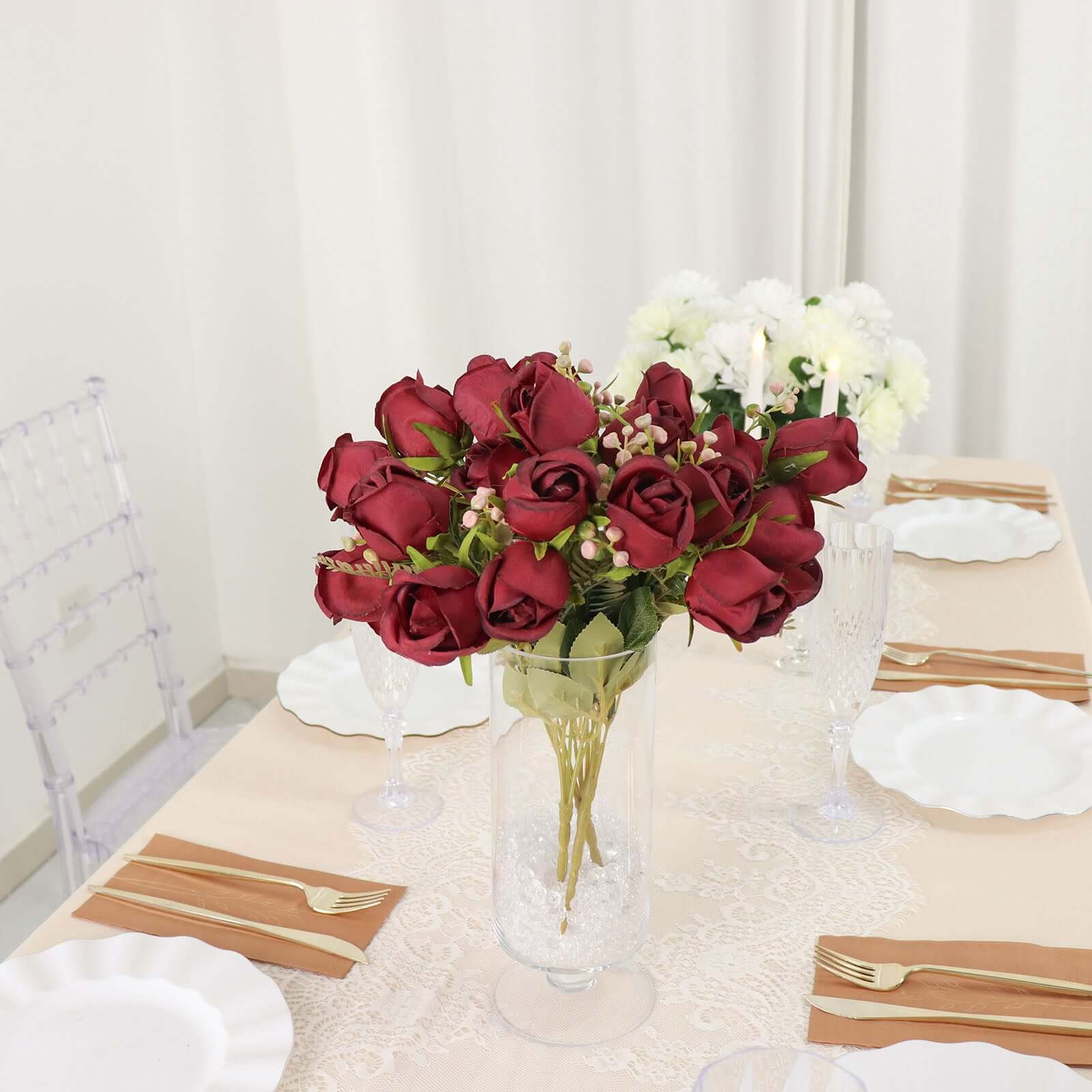3 Pack 13 Burgundy Real Touch Silk Rose Bud Flower Bridal Bouquets, Artificial Floral Bush Arrangements