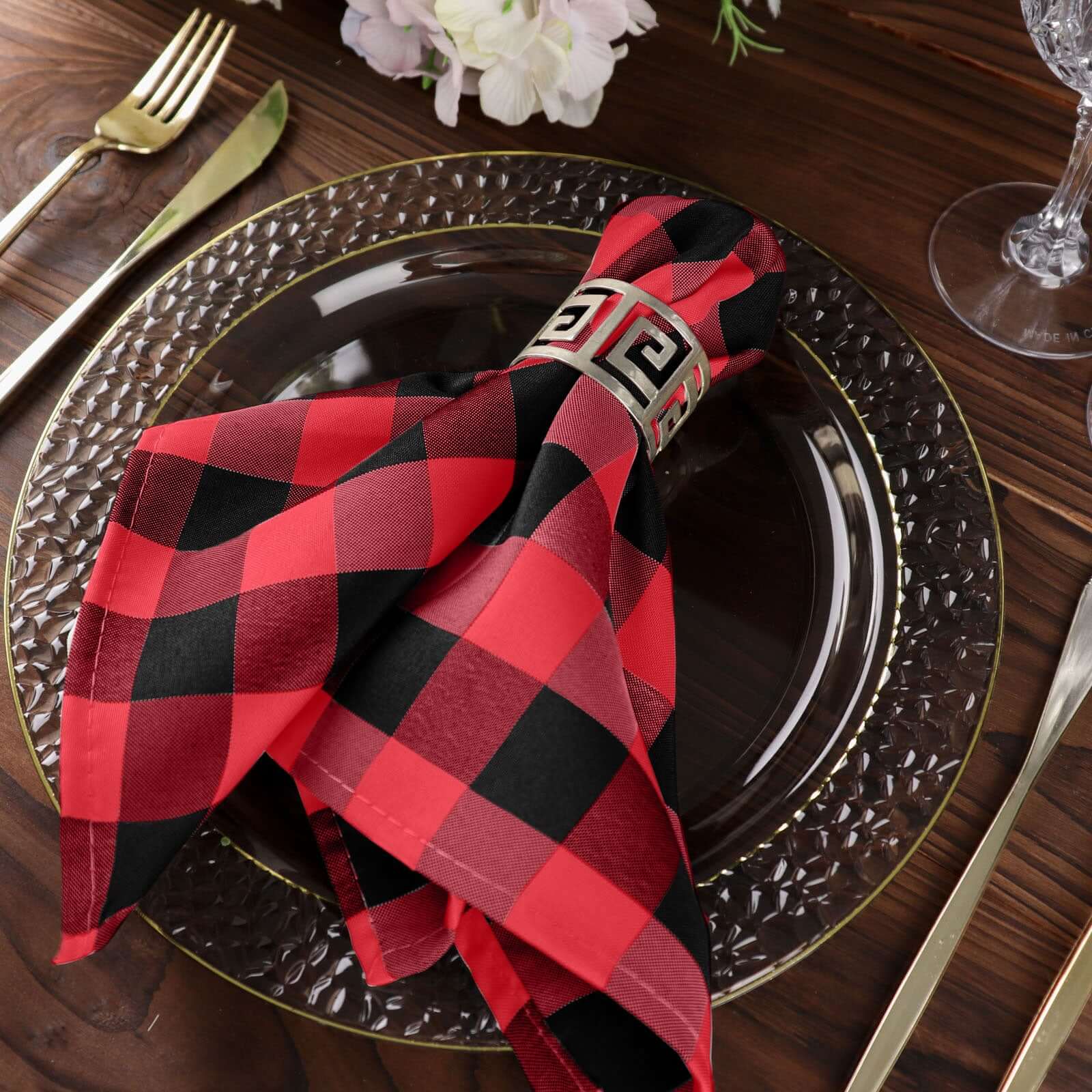 5 Pack Polyester 15x15 Napkins Black/Red Buffalo Plaid Gingham Style Cloth Napkins