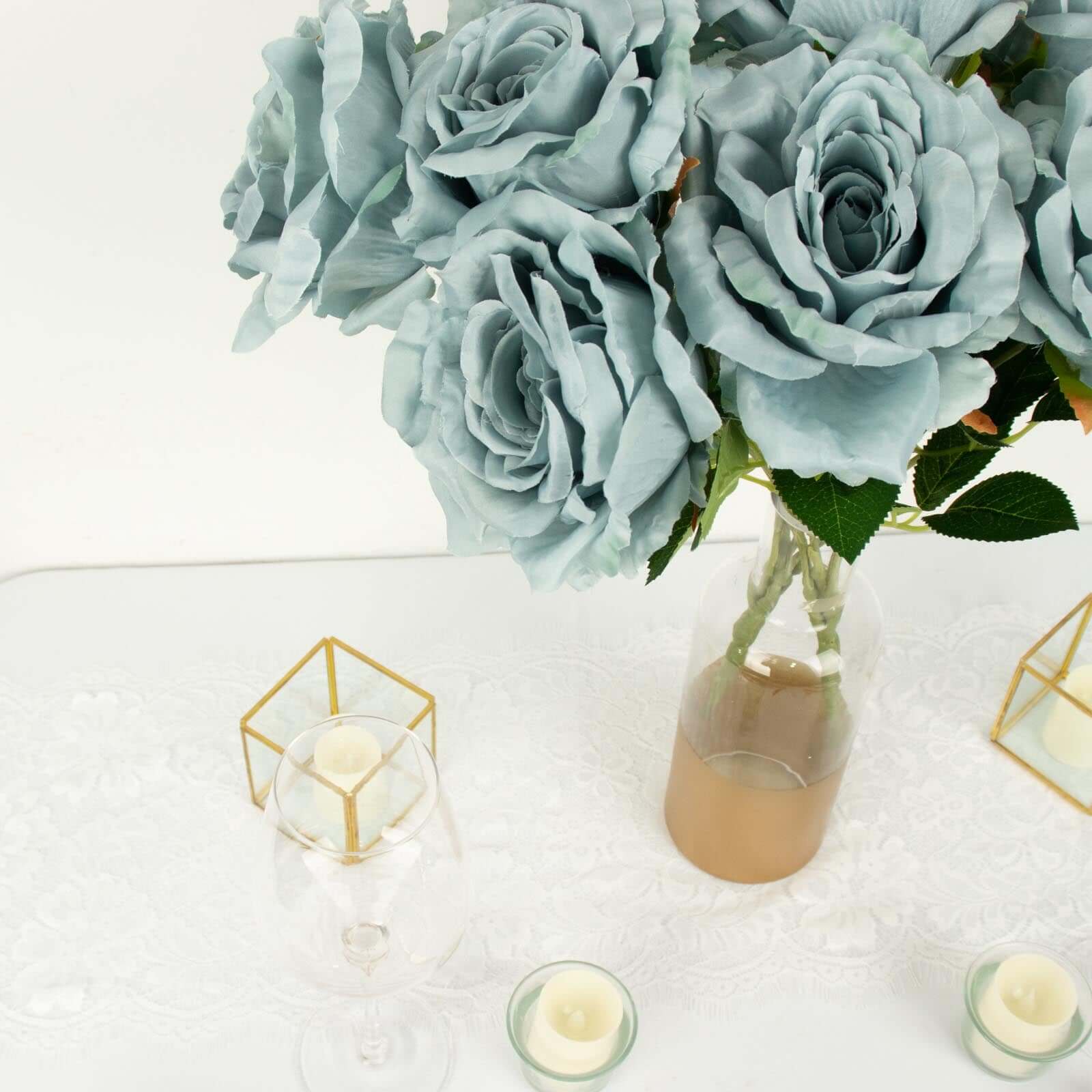 2 Bushes 17 Dusty Blue Premium Silk Jumbo Rose Flower Bouquet, High Quality Artificial Wedding Floral Arrangements