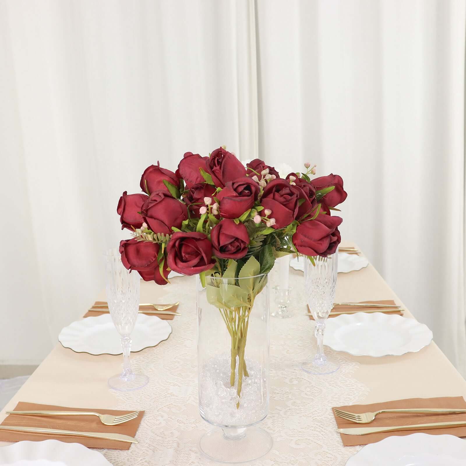 3 Pack 13 Burgundy Real Touch Silk Rose Bud Flower Bridal Bouquets, Artificial Floral Bush Arrangements