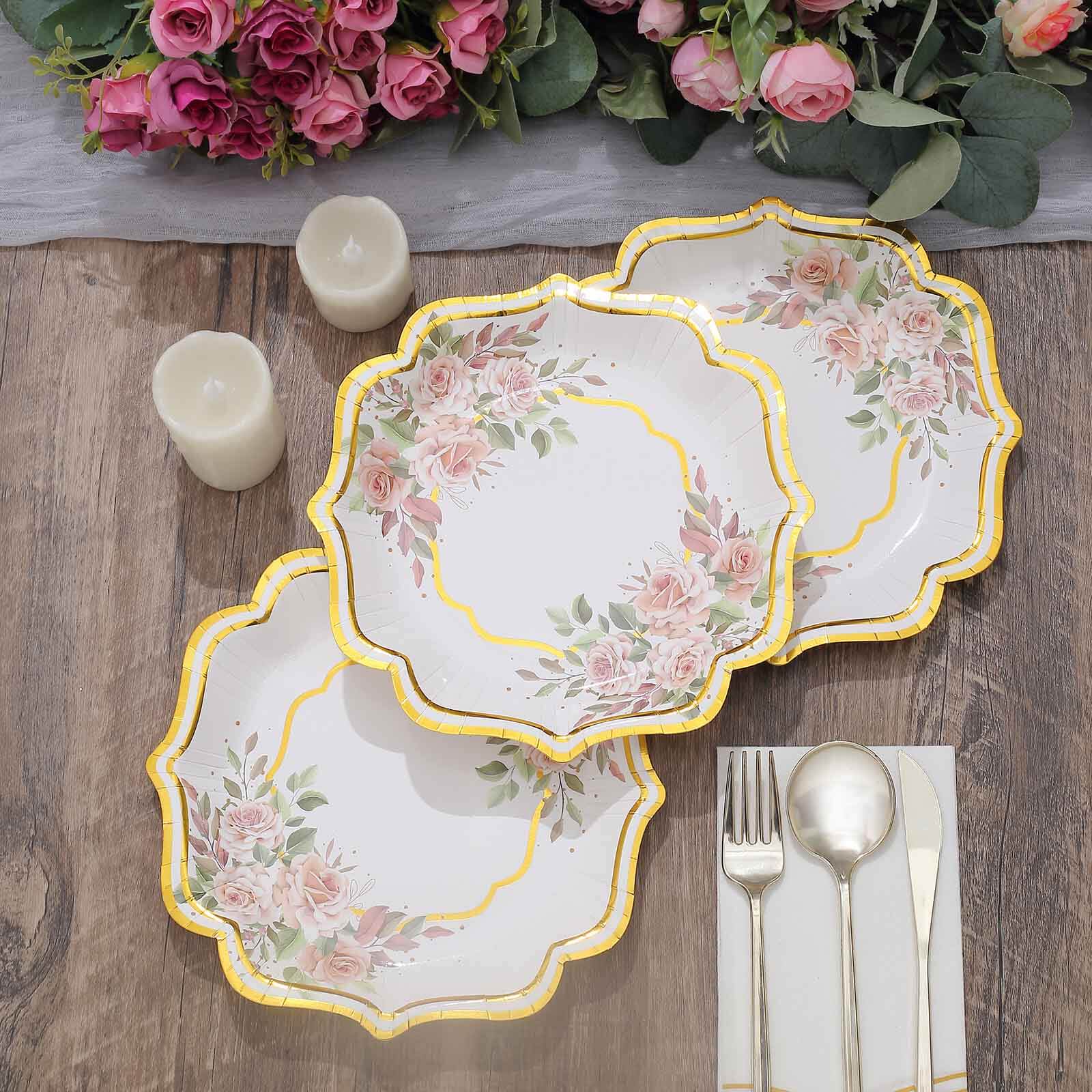 25-Pack Paper 8 Dessert Plates in White with Floral Print & Gold Scallop Rim - Disposable 300GSM Appetizer Salad Plates for Cocktail Events & Receptions