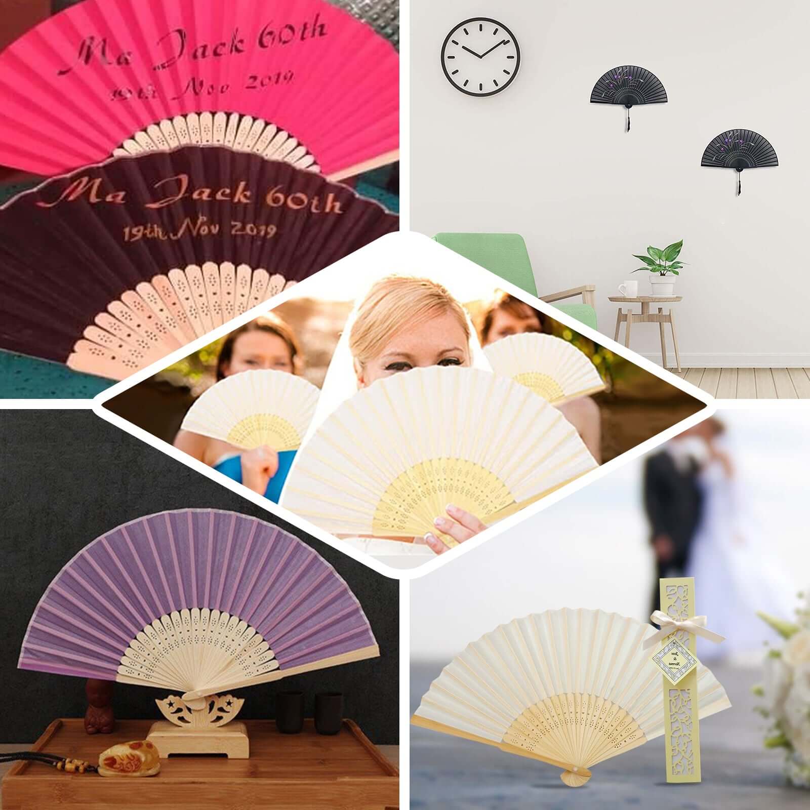 5 Pack Red Asian Silk Folding Fans Party Favors, Oriental Folding Fan Favors