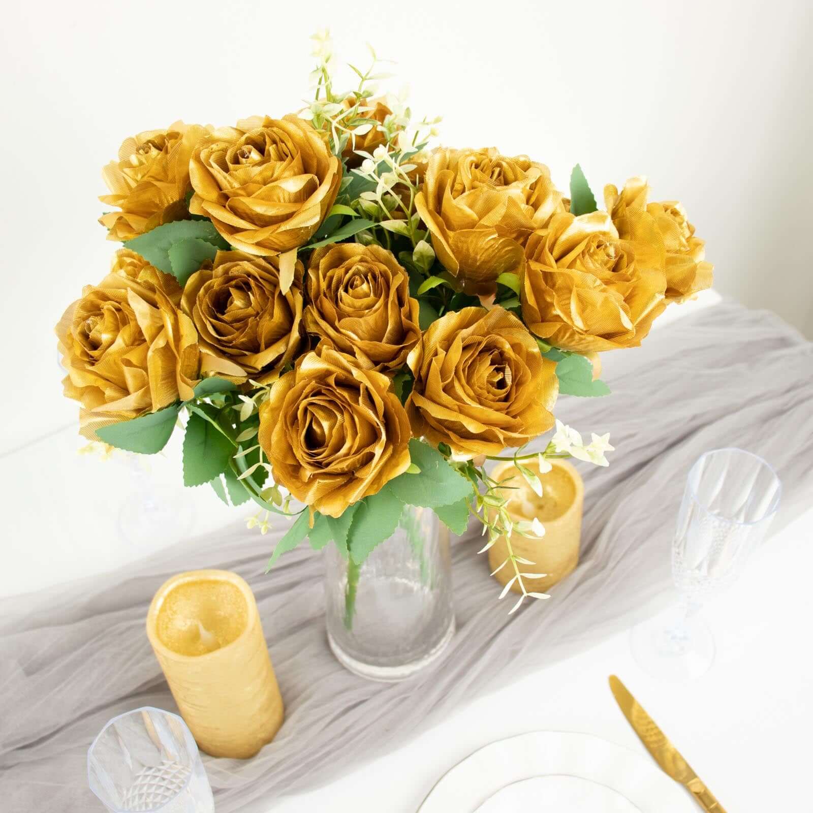 2 Bushes 18 Real Touch Gold Artificial Rose Flower Bouquet, Silk Long Stem Flower Arrangements