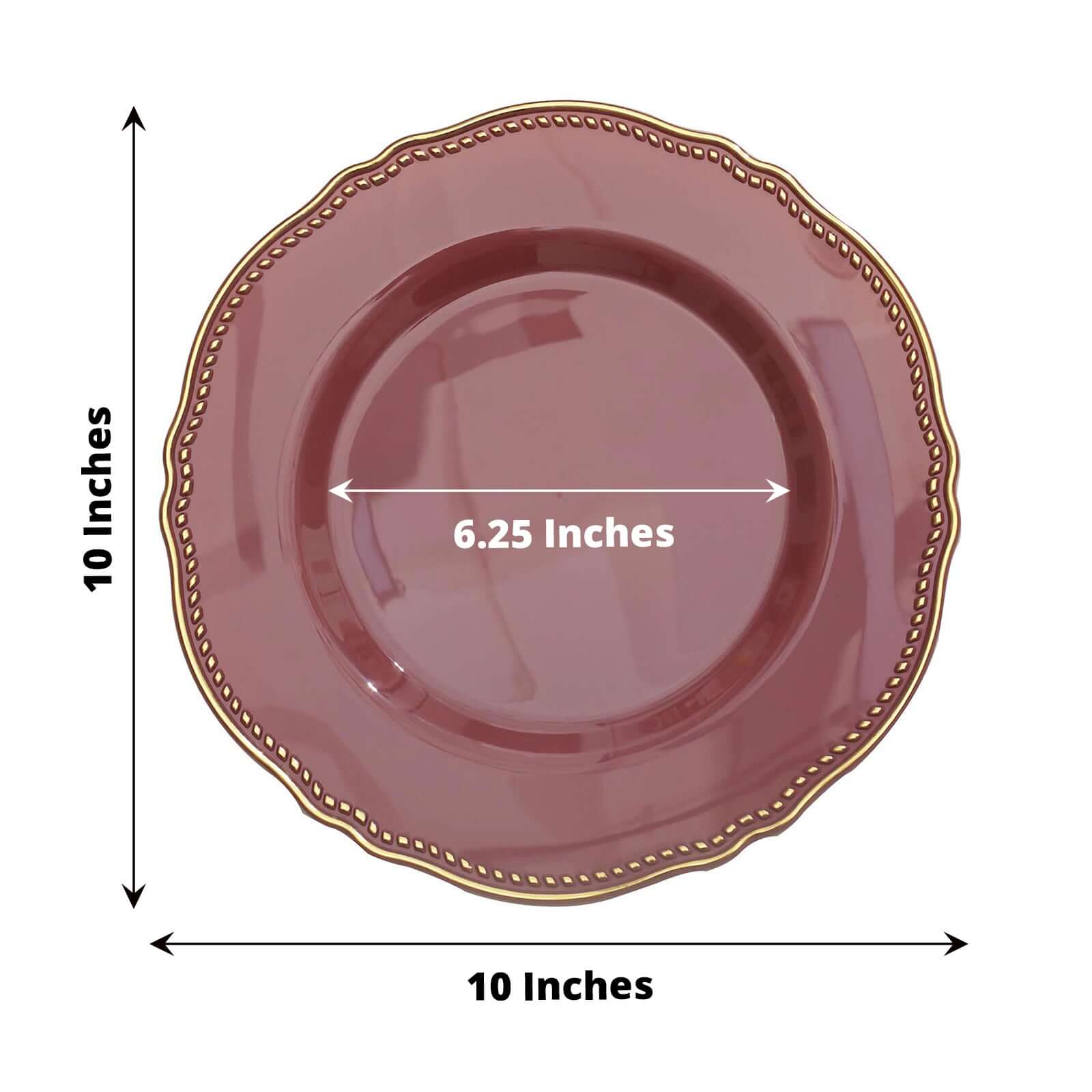 10-Pack Plastic 10 Dinner Plates in Cinnamon Rose with Gold Scalloped Rim - Disposable Large Party Plates