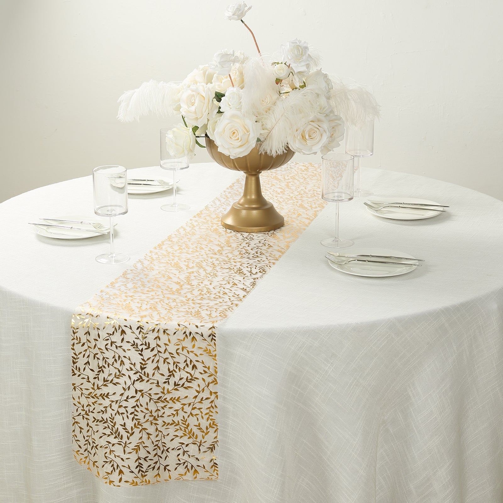 5 Pack Organza Mesh 11x108 Table Runner Rolls White with Gold Foil Leaf Vines - Disposable Stylish & Chic Table Decor