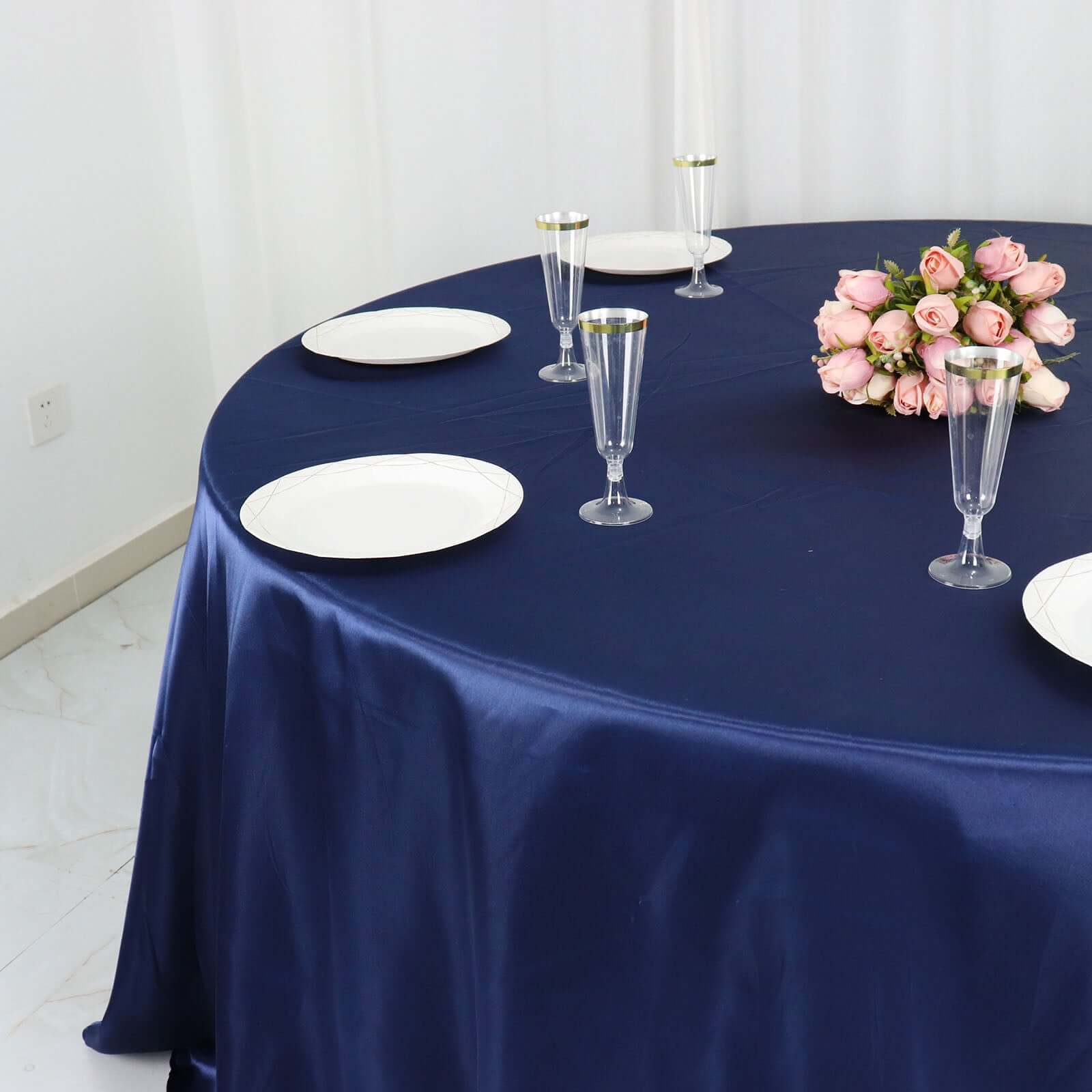 Satin 132 Round Tablecloth Navy Blue - Stylish Seamless Table Cover