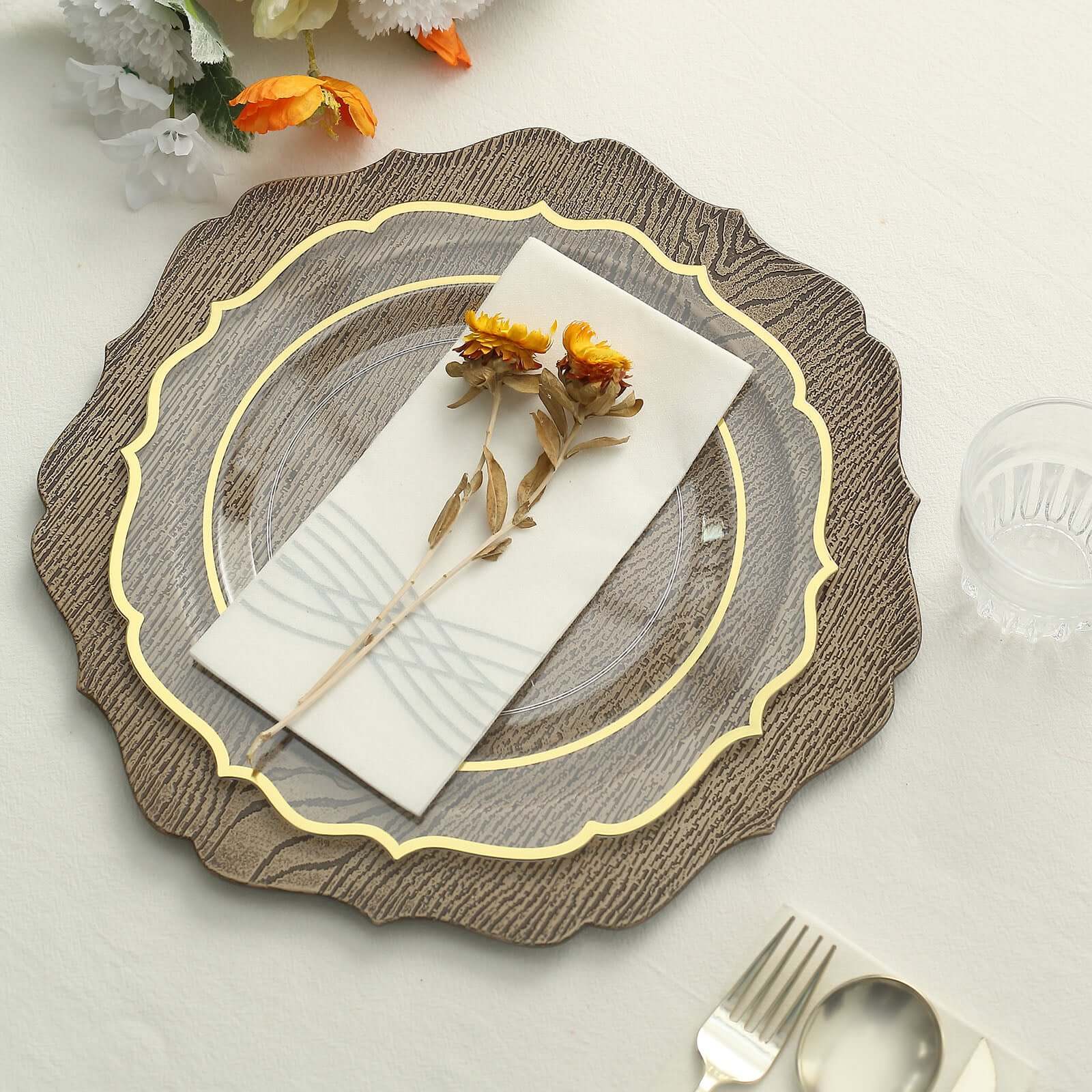6-Pack Acrylic Round Charger Plates 13 in Rustic Natural with Wood Grain Scalloped Rim, Decorative Dinner Party Charger Tableware