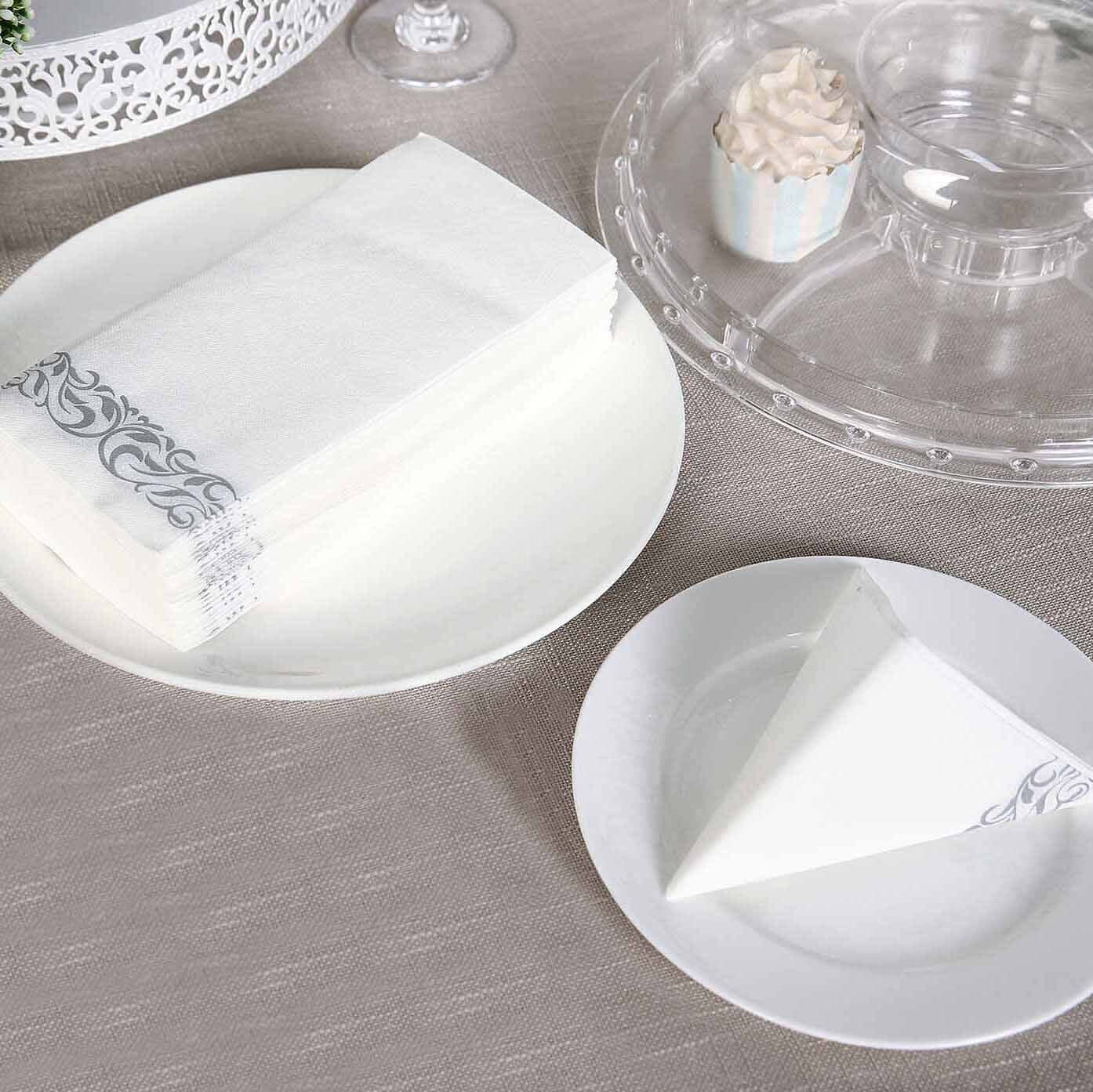 20-Pack White Linen-Feel Dinner Paper Napkins with Silver Scroll Floral Print - Premium Cloth-Like Disposable Napkins, Soft and Absorbent Guest Towels