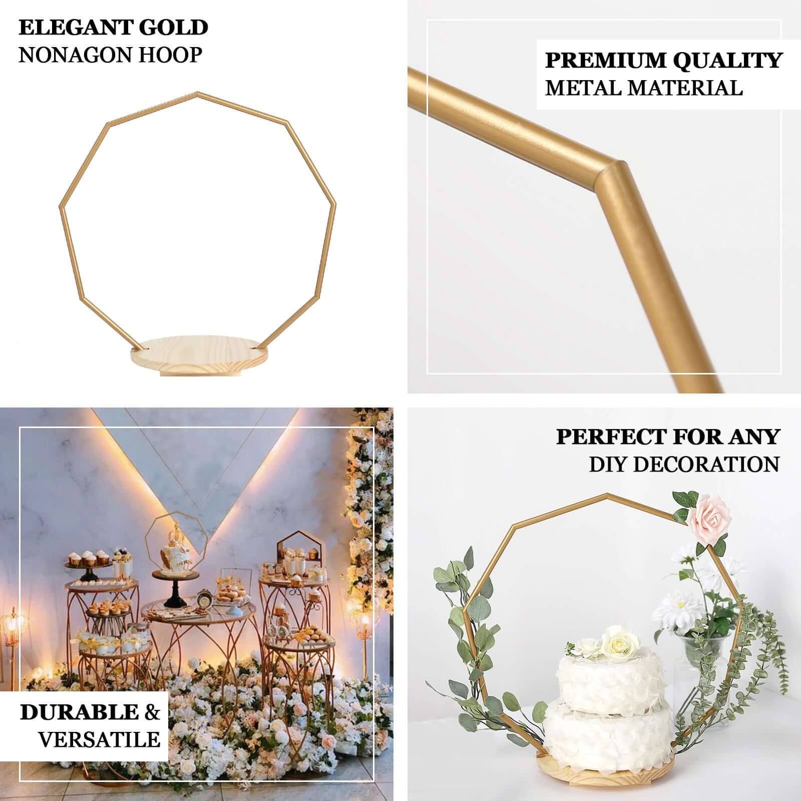 Metal Nonagon Floral Hoop Cake Stand Gold - Chic Geometric Dessert Display DIY Centerpiece Table Decoration With Wooden Base 22