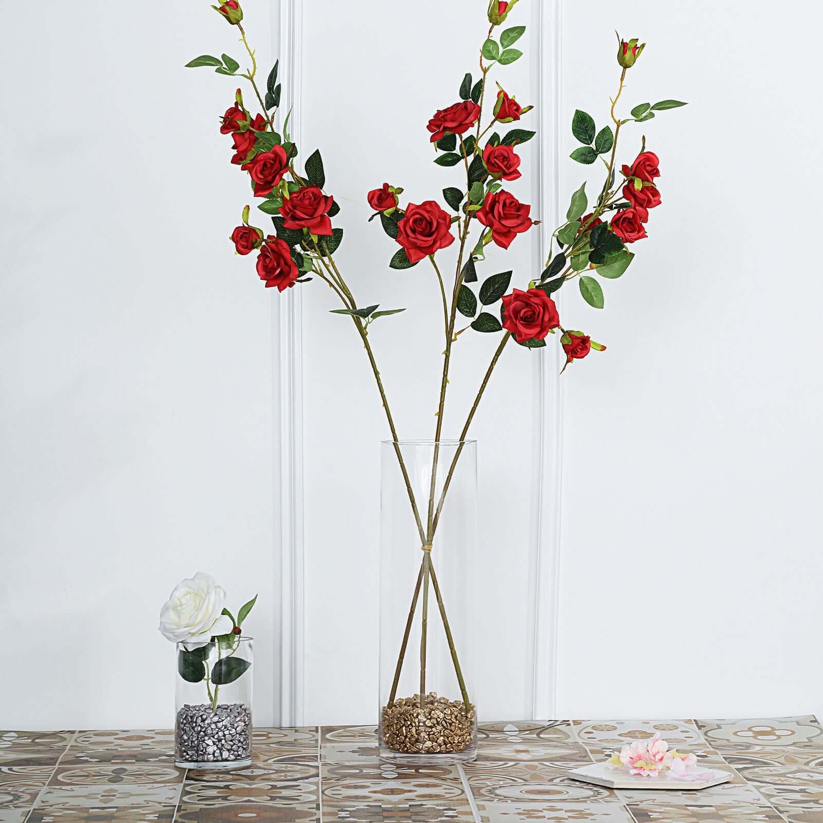 2 Stems 38 Tall Artificial Red Rose Bouquet, Realistic Silk Flower Arrangements