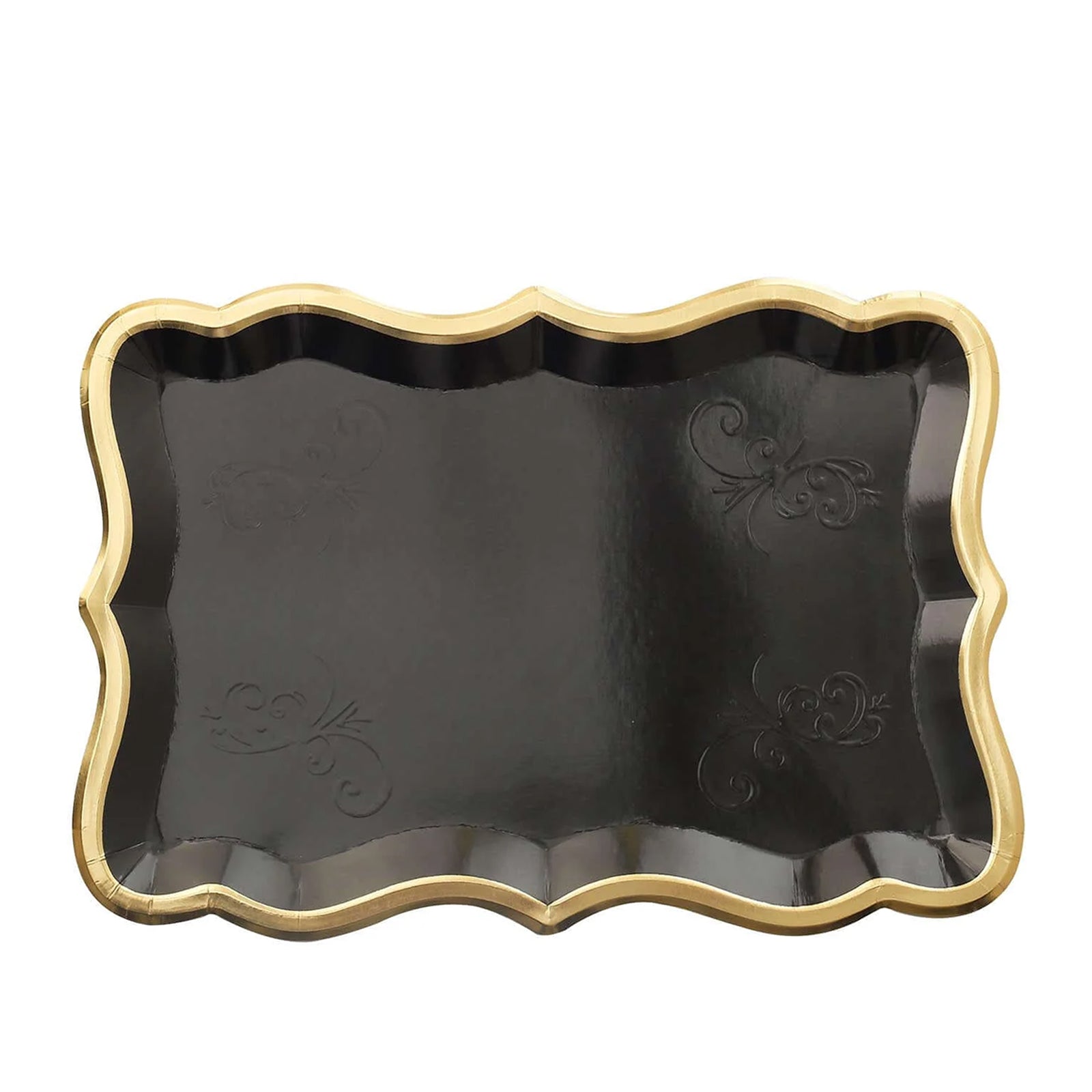 10-Pack Paper 14x10 Rectangle Serving Trays Black - Heavy Duty Disposable 400GSM Cardboard Party Platters with Exquisite Gold Rim for Weddings & Parties