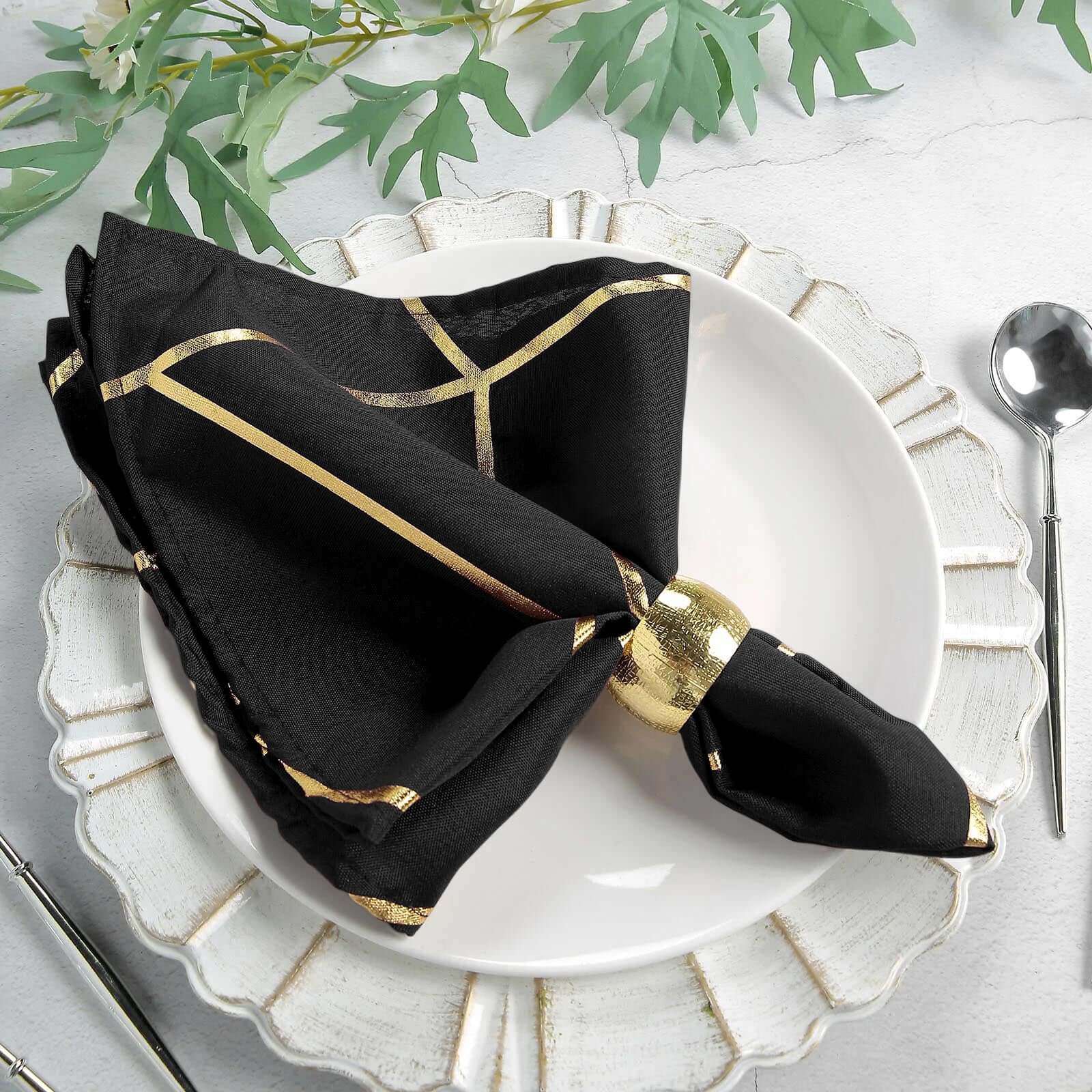 5 Pack Polyester 20x20 Napkins Black with Gold Geometric Foil Pattern - Modern Reusable Dinner Napkins