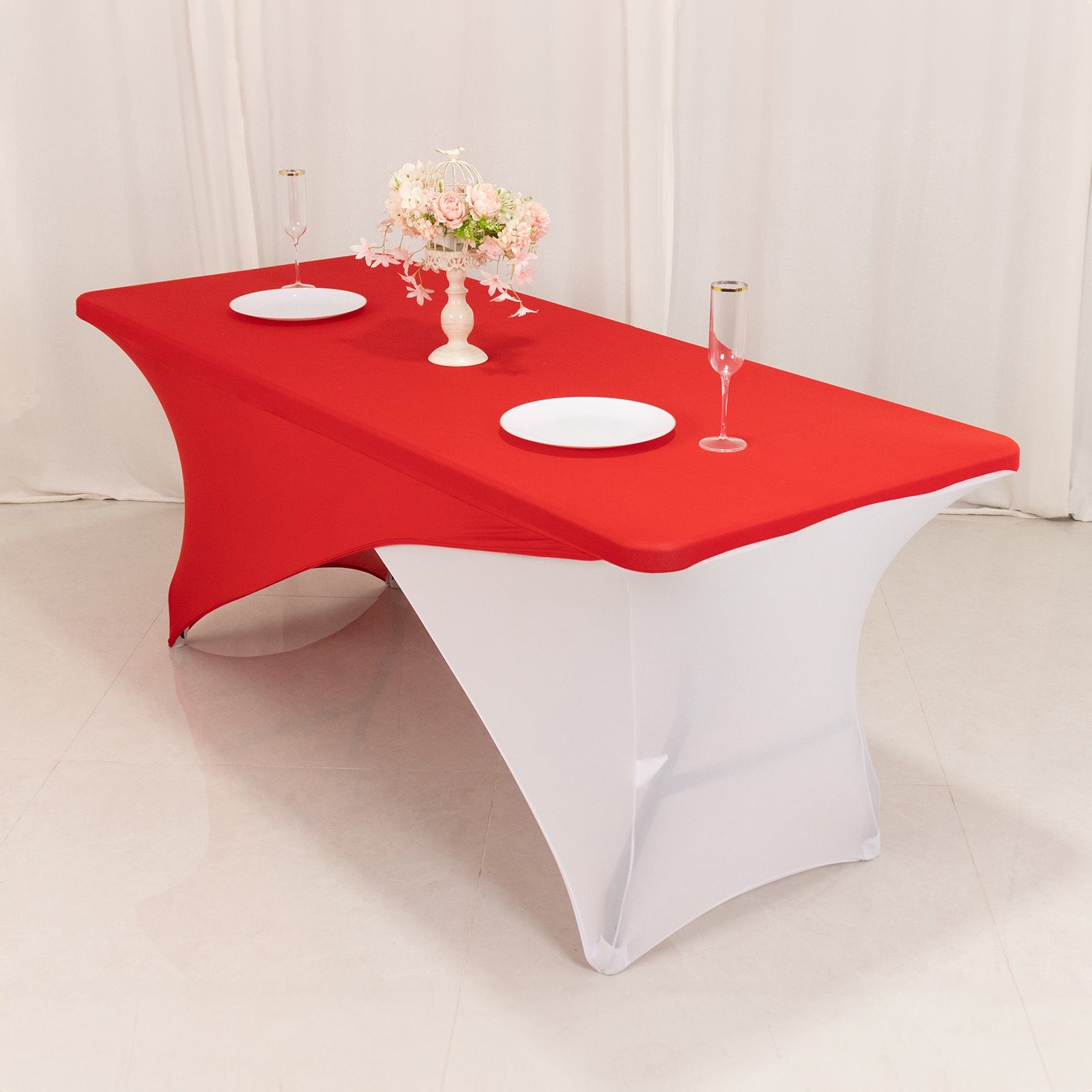 Stretch Spandex 72x30 Rectangle Table Cover Red/White Cross Over Design - Versatile & Sleek Two-Piece Fitted Tablecloth with Elastic Foot Pockets