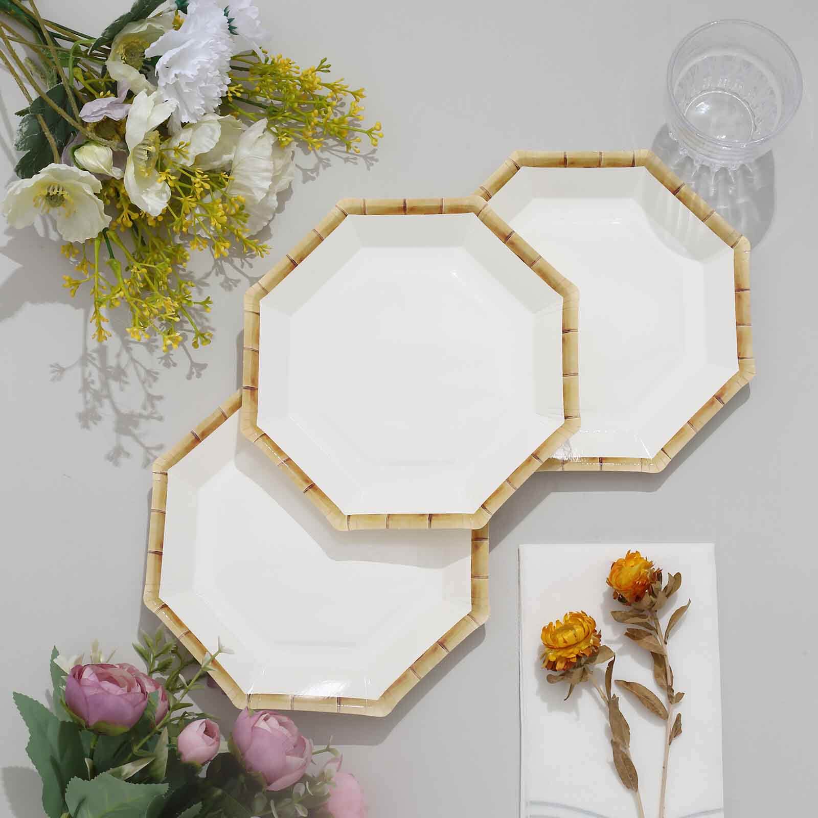 25-Pack Paper Octagonal Dessert Plates 7 White with Bamboo Print Rim - Disposable Geometric Appetizer Salad Plates for Garden Parties & Tropical Themed Events