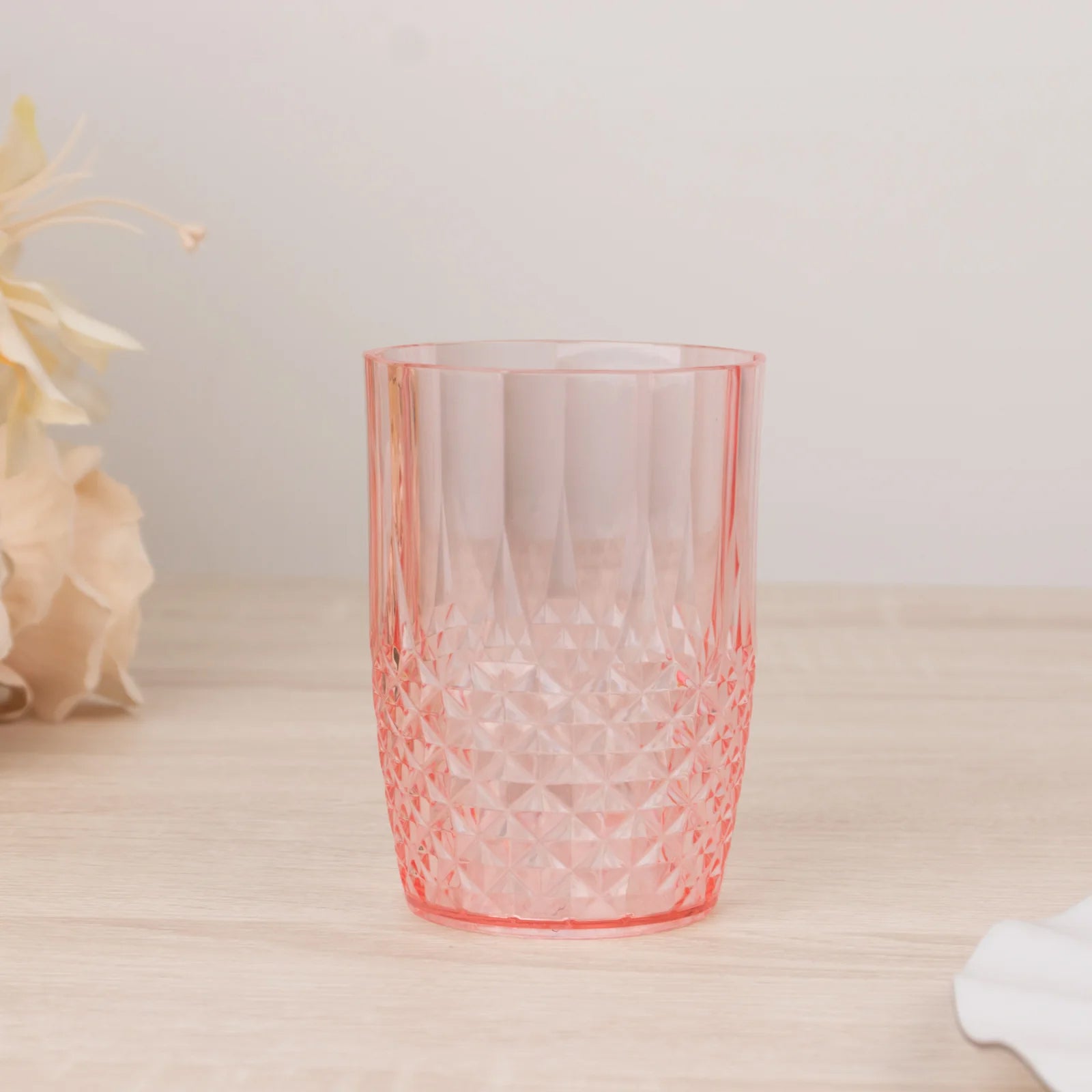 6-Pack Plastic Short Tumblers Transparent Blush Crystal Cut Style - Reusable All-Purpose Glasses 16oz