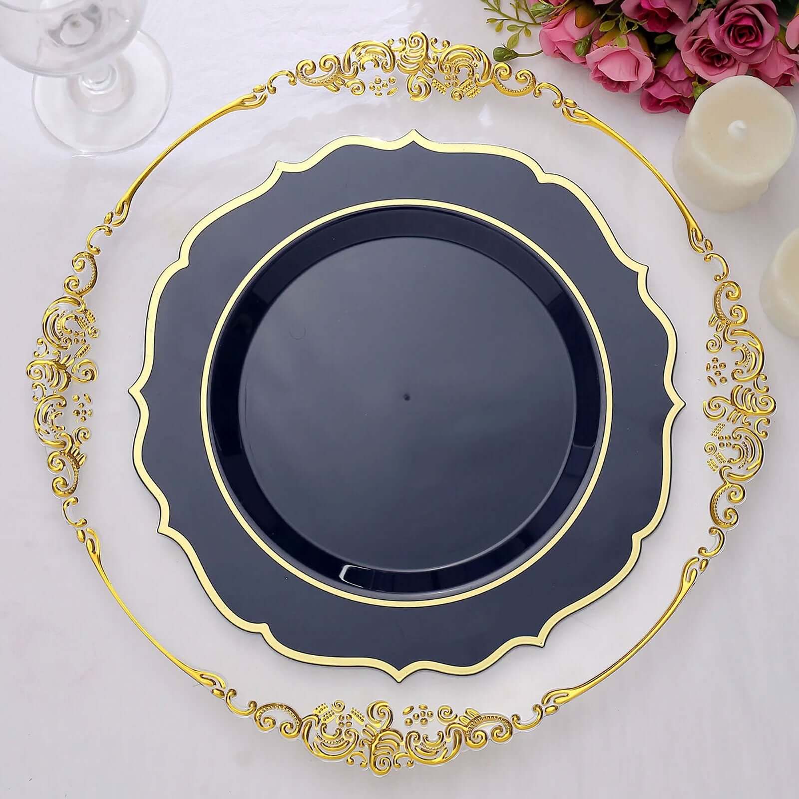 10-Pack Plastic 10 Round Dinner Plates in Navy Blue with Gold Scalloped Rim - Disposable Party Plates