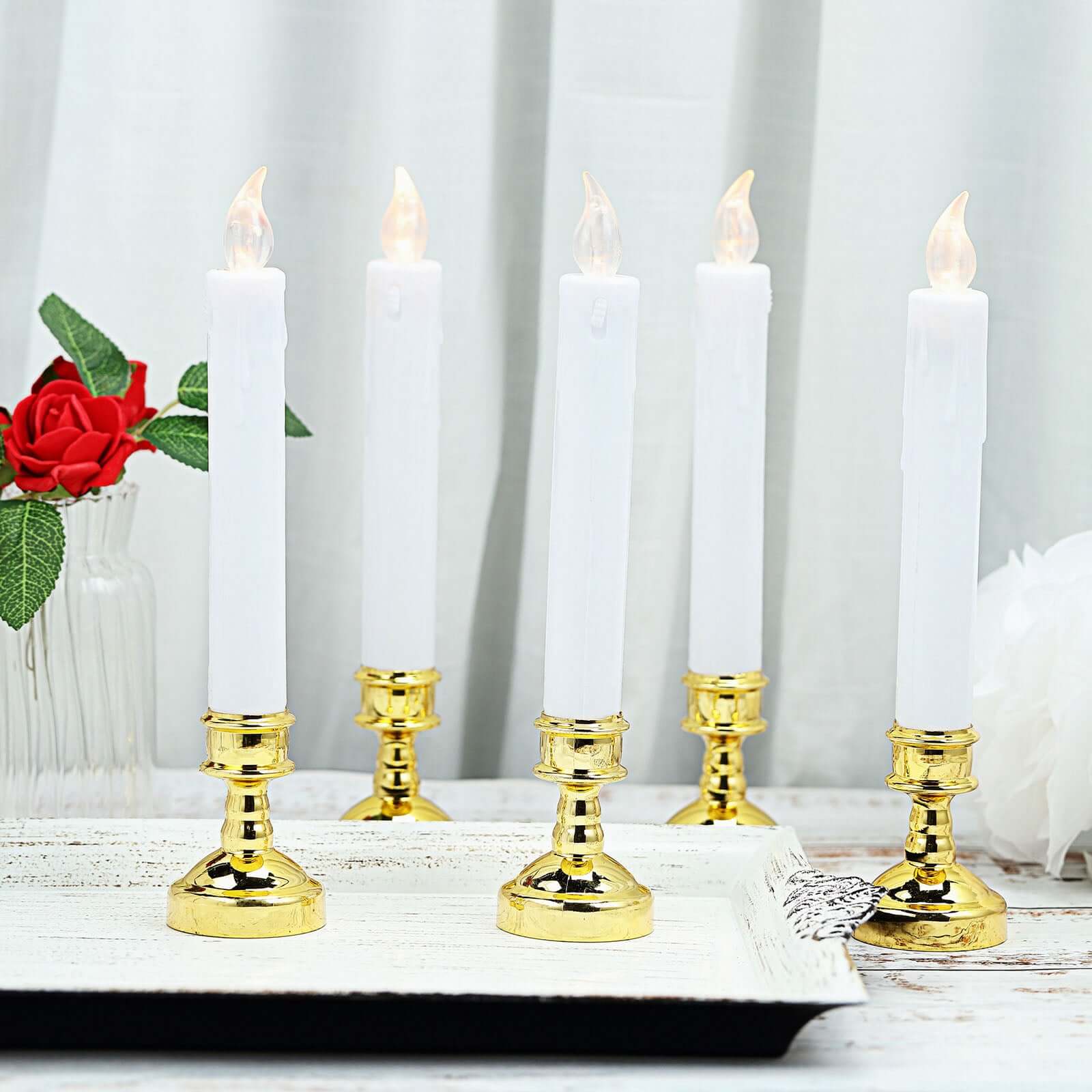 Set of 6 LED Window Candles Flickering White - Battery Operated Taper Candles with Gold Holders 10