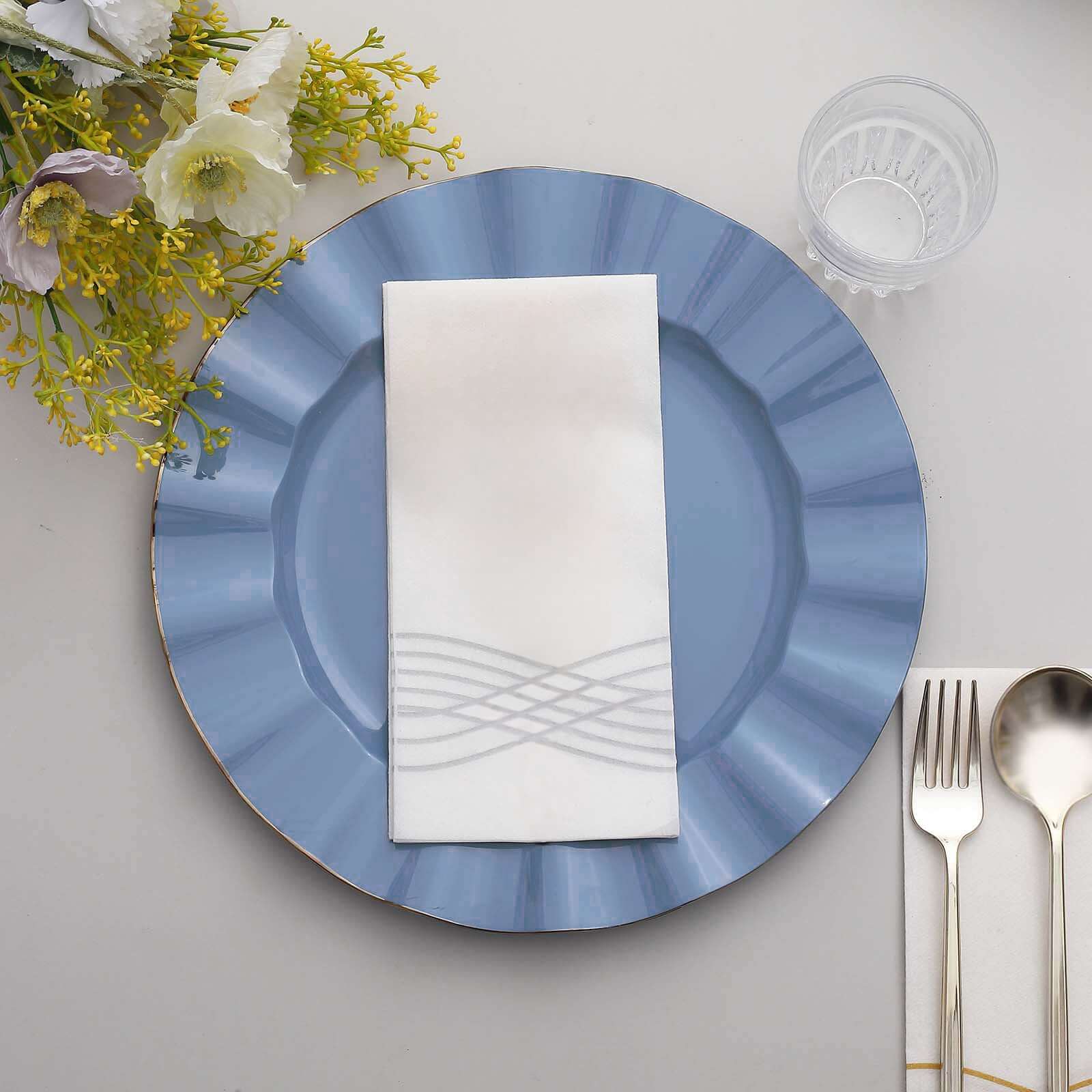 10-Pack Plastic 11 Round Dinner Plates in Ocean Blue Ruffled Rim with Gold Edging - Sturdy Disposable Dinnerware