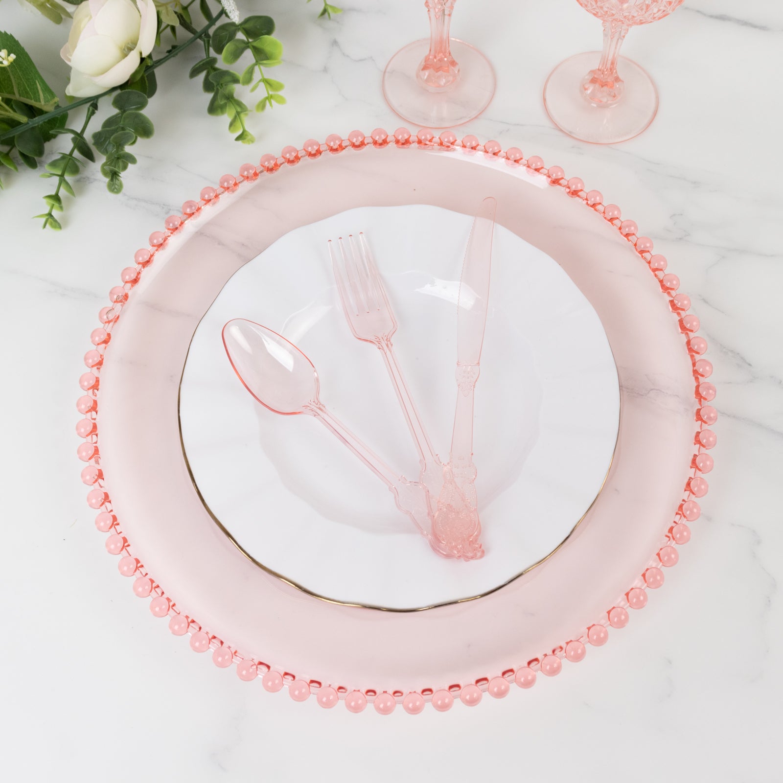 6-Pack Acrylic Round Charger Plates 13 in Transparent Blush with Beaded Rim, Decorative Dinner Party Serving Plates