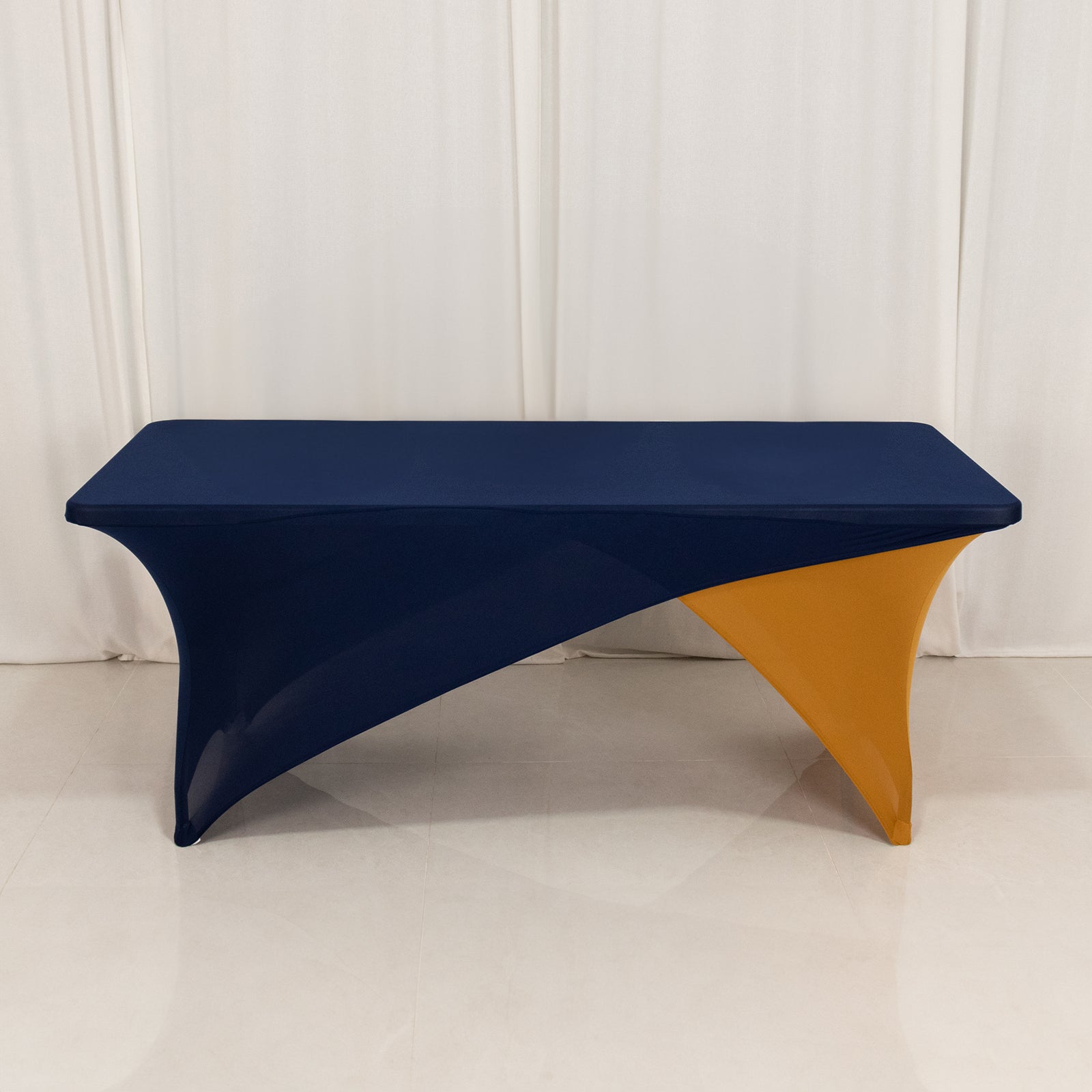 Stretch Spandex 72x30 Rectangle Table Cover Navy Blue/Gold Cross Over Design - Two-Piece Fitted Tablecloth with Elastic Foot Pockets