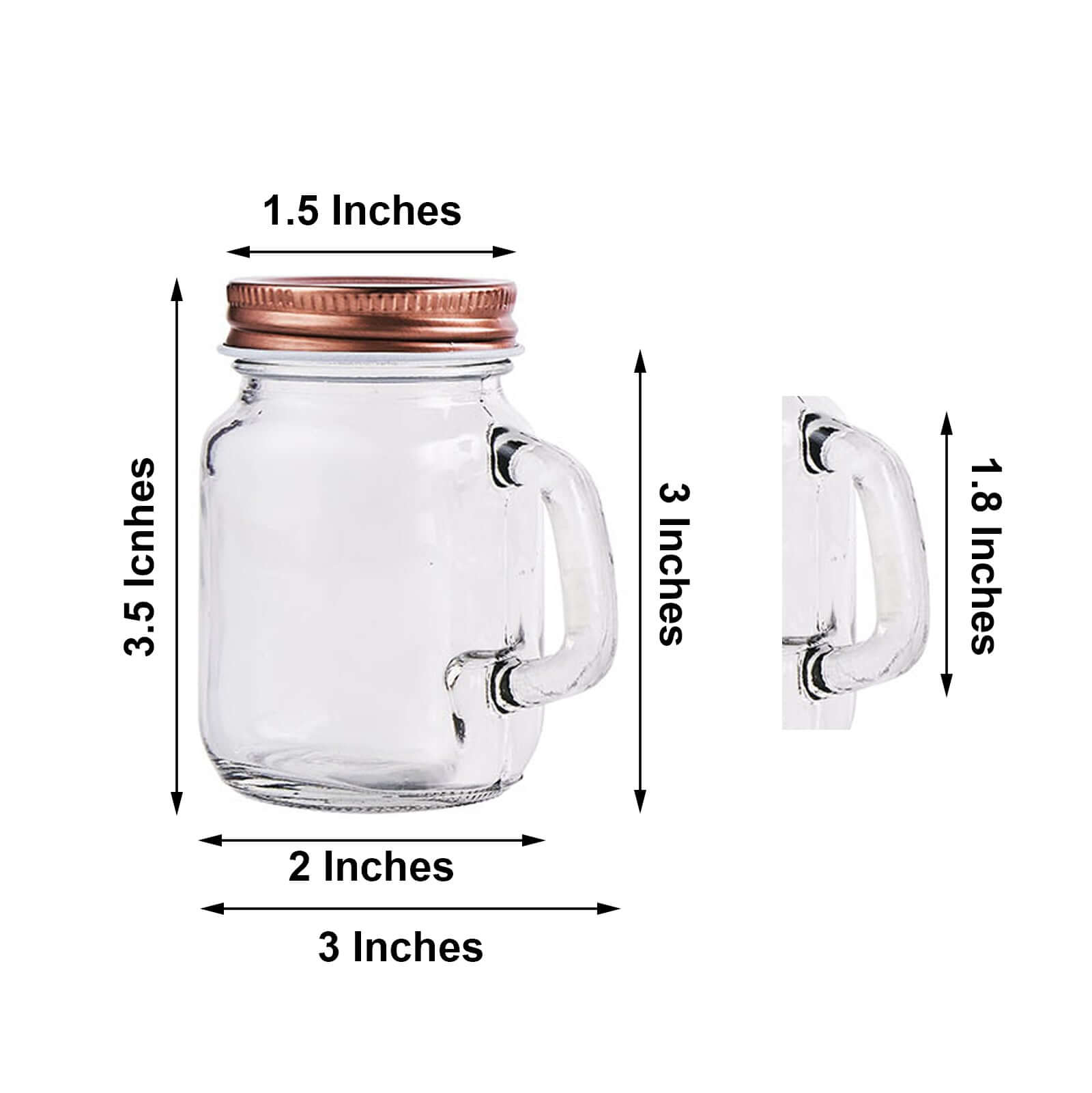 4-Pack Glass Mason Jars Rustic Design Clear with Handles and Rose Gold Screw-On Lids - Trendy Containers for Drinks & Events 4oz