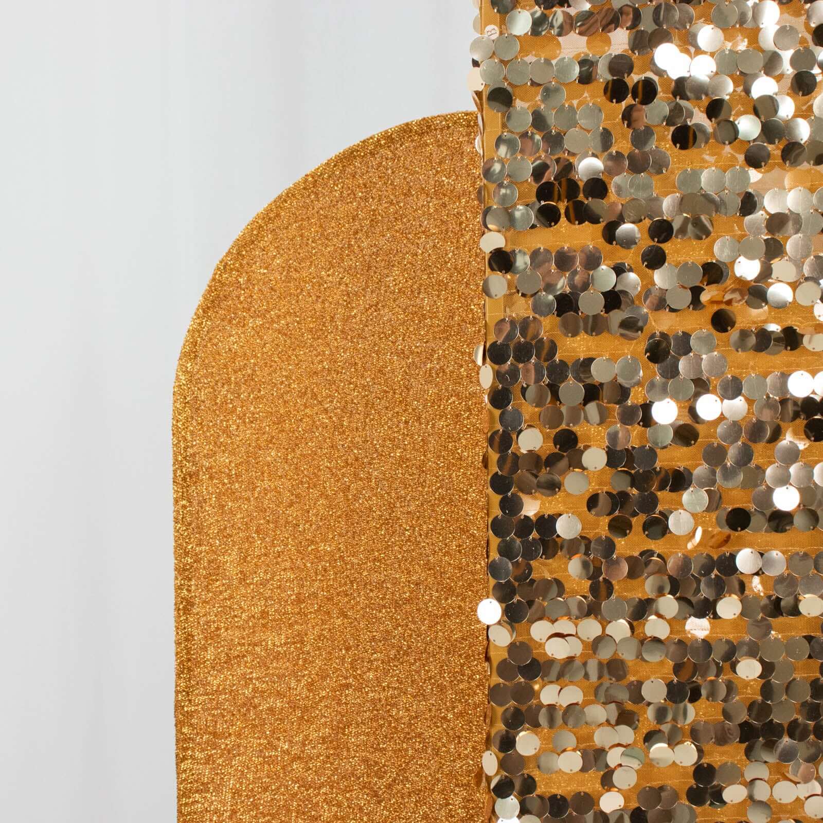 Set of 3 Gold Round Top Fitted Wedding Arch Frame Covers, Big Payette Sequin, Shimmer Tinsel and Matte Spandex Backdrop Stand Covers