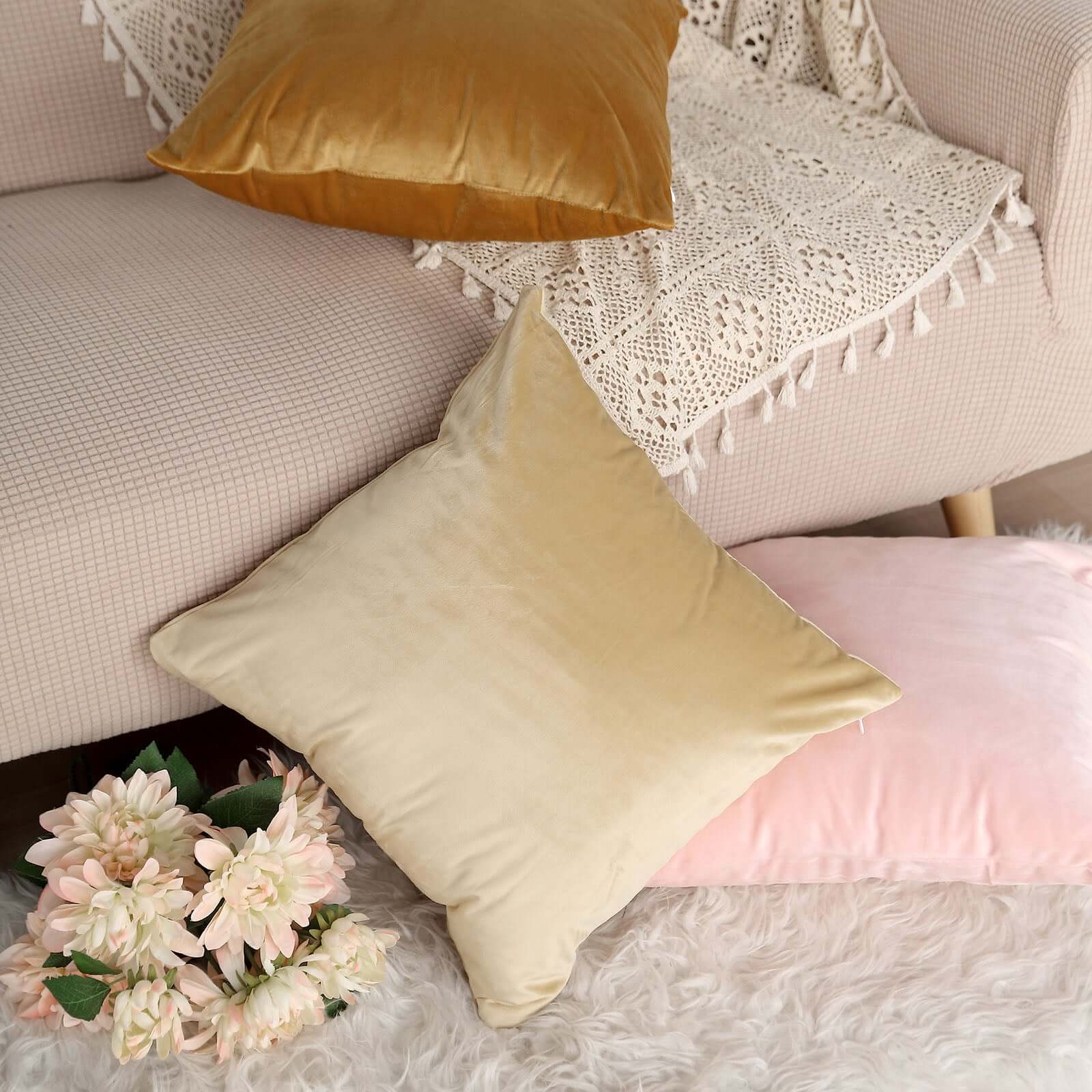 2 Pack 18 Champagne Soft Velvet Square Throw Pillow Cover