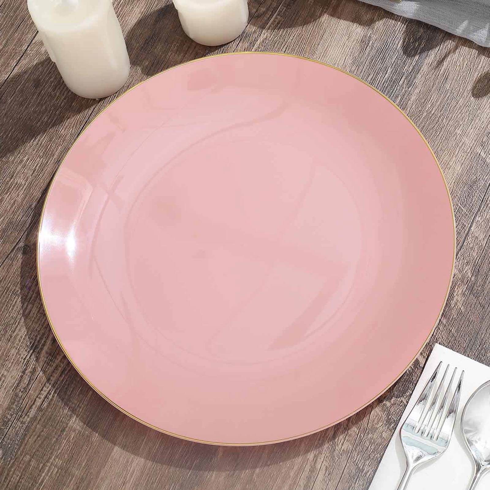 10-Pack Plastic 10 Round Dinner Plates in Dusty Rose with Gold Rim - Glossy Disposable Party Plates