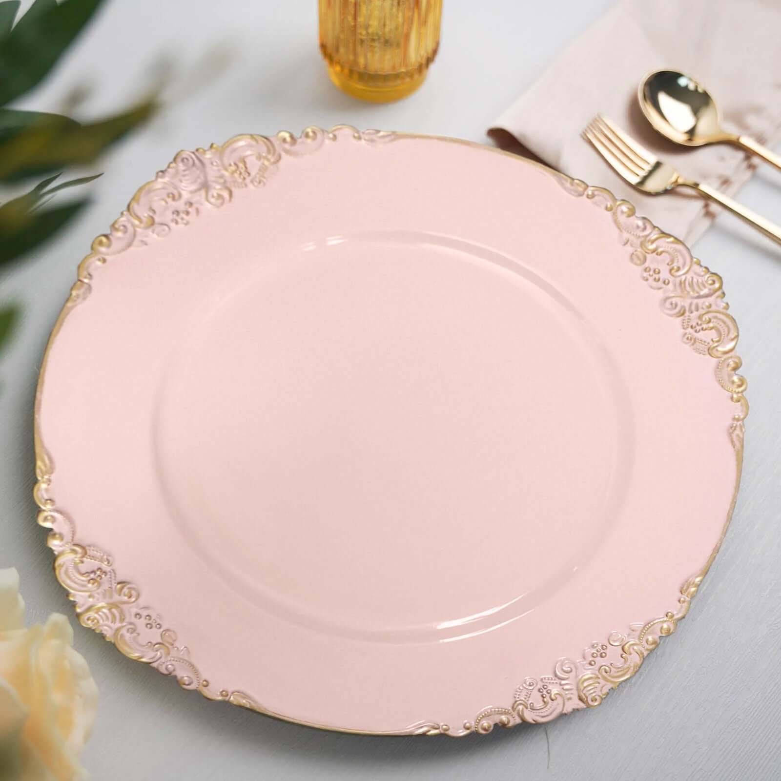 6-Pack Acrylic Round Charger Plates 13 in Blush with Gold Embossed Baroque Rim, Antique Decorative Dinner Party Charger Tableware