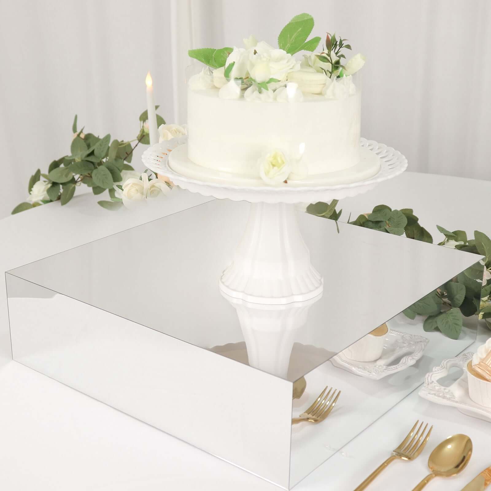 Acrylic Cake Box Stand Pedestal Riser Mirror Finish Silver - Decorative Display for Weddings 18x18