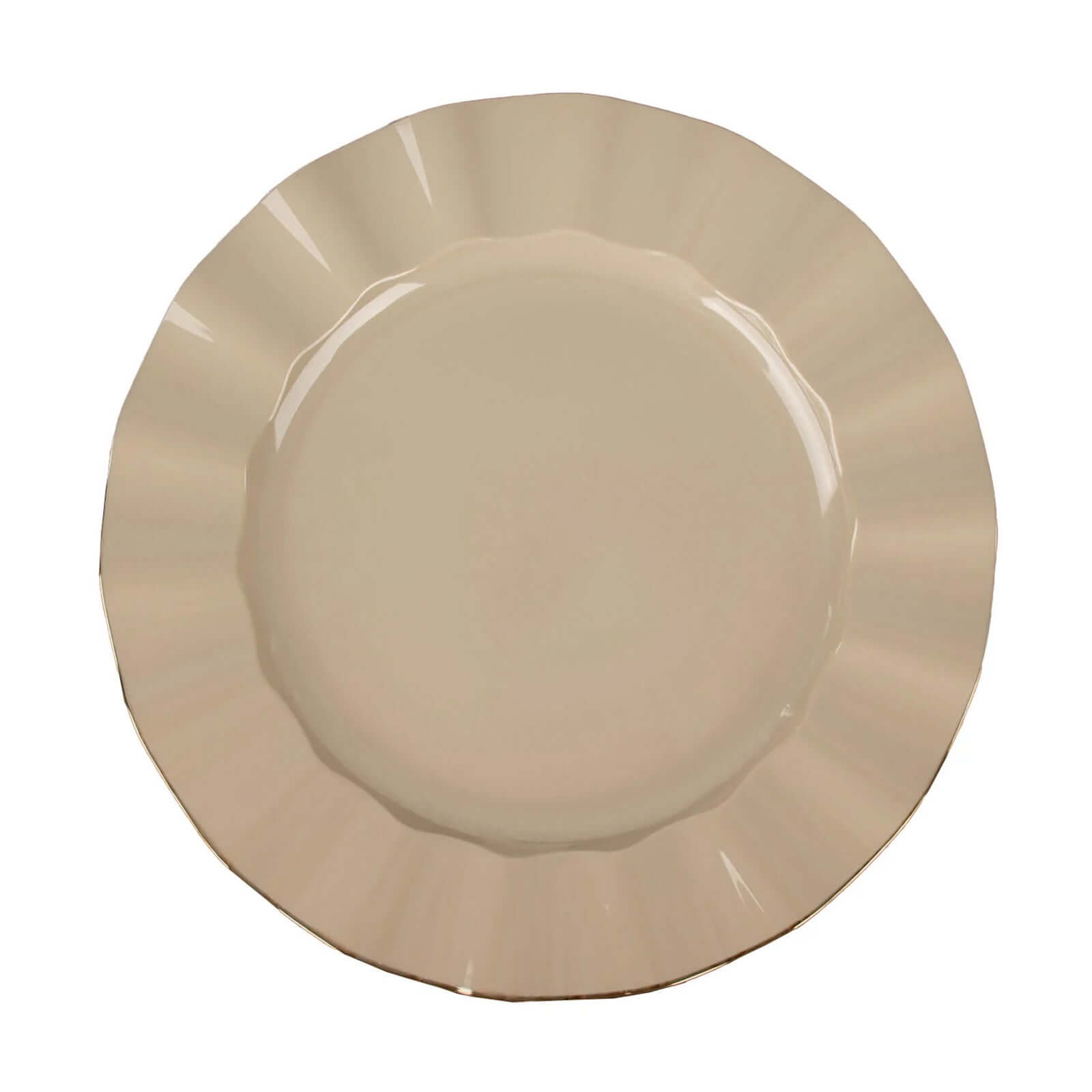 10-Pack Plastic 11 Round Dinner Plates in Taupe Ruffled Rim with Gold Edging - Sturdy Disposable Dinnerware