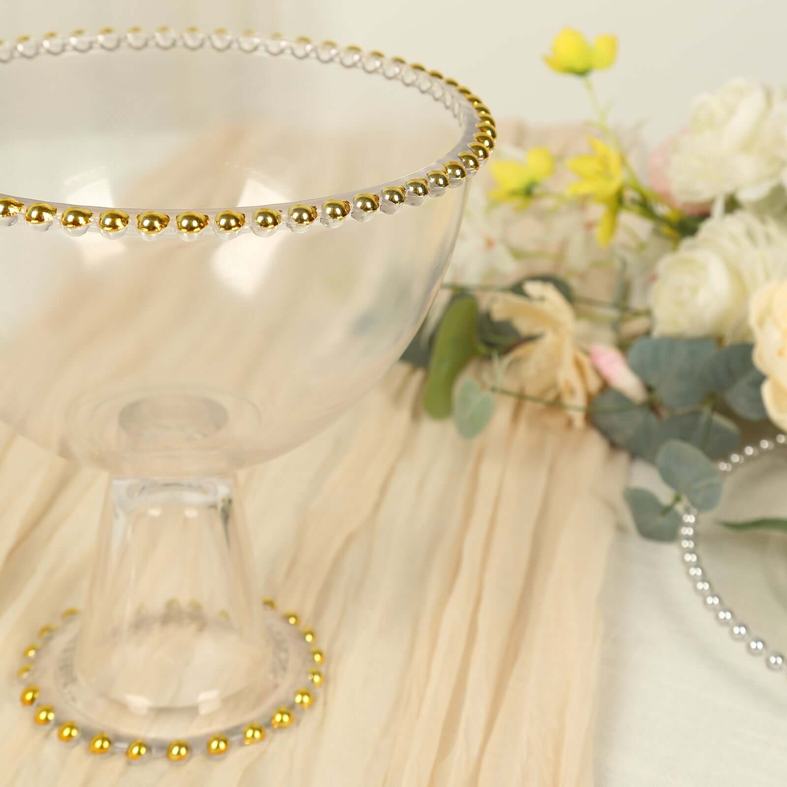 Compote Pedestal Bowl Glass Flower Vase Clear with Gold Beaded Rim - Footed Candy Trifle Bowl for Displays 8