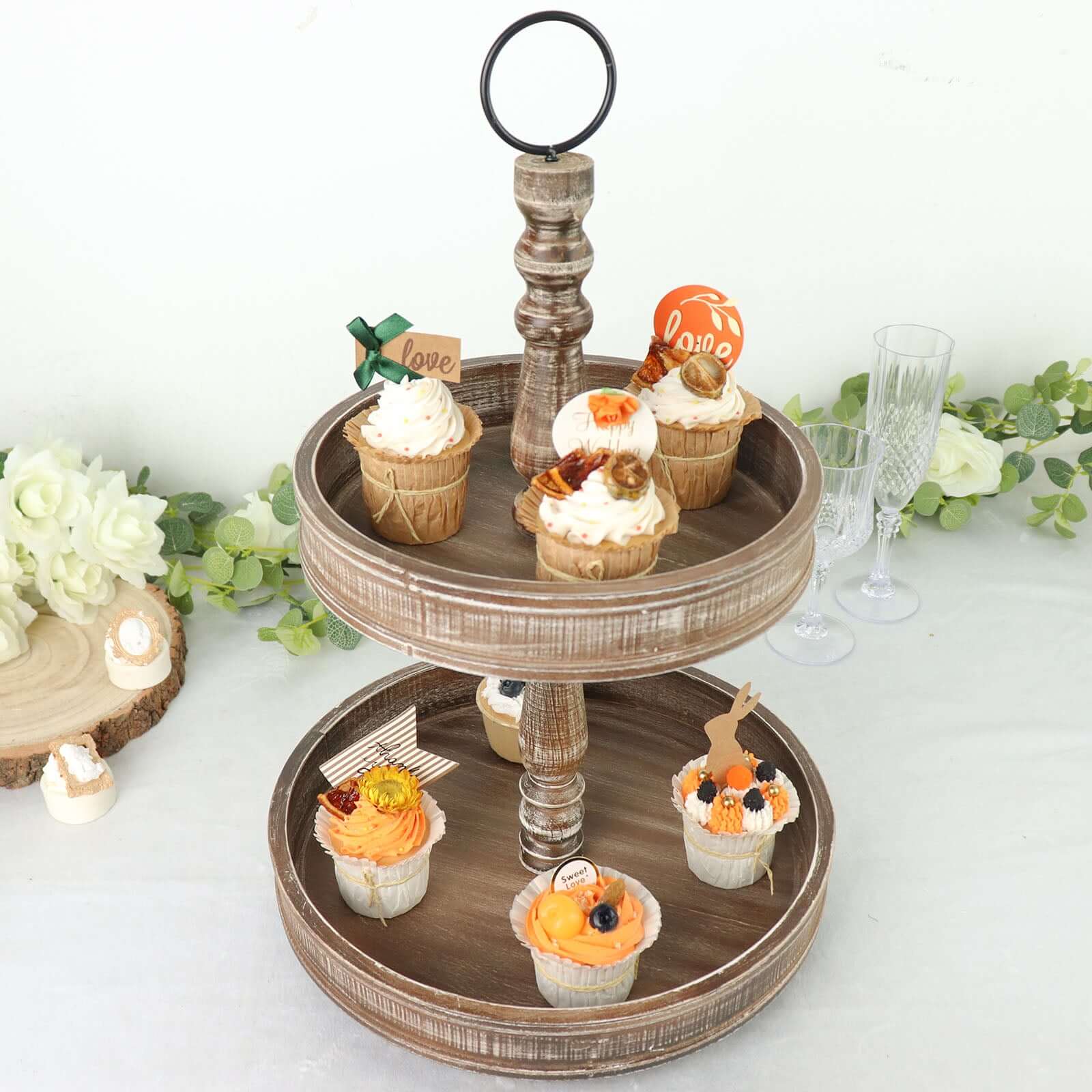 2-Tier Wooden Serving Tray Stand Rustic Brown Design - Farmhouse Style Cupcake Display 20