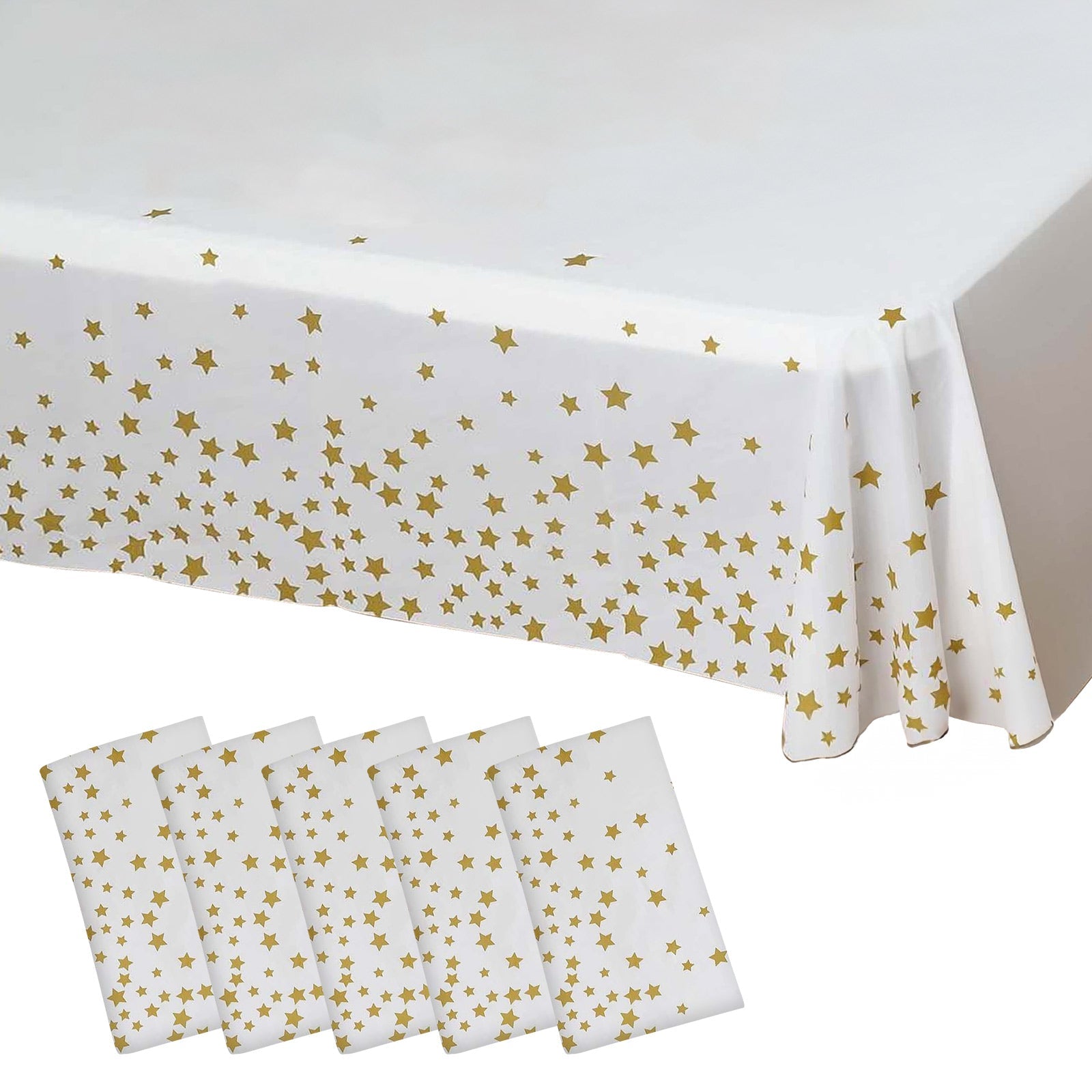 5-Pack Plastic Table Covers White Rectangle with Gold Stars - Decorative PVC Disposable Tablecloths 54x108