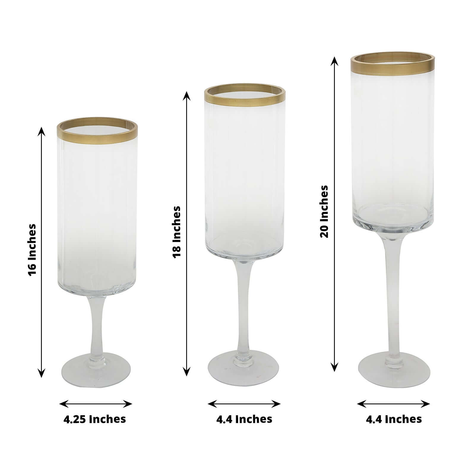 Set of 3 Glass Hurricane Candle Holders Long Stem Clear with Gold Rim - Decorative Pedestal Floral Centerpieces 16, 18, 20