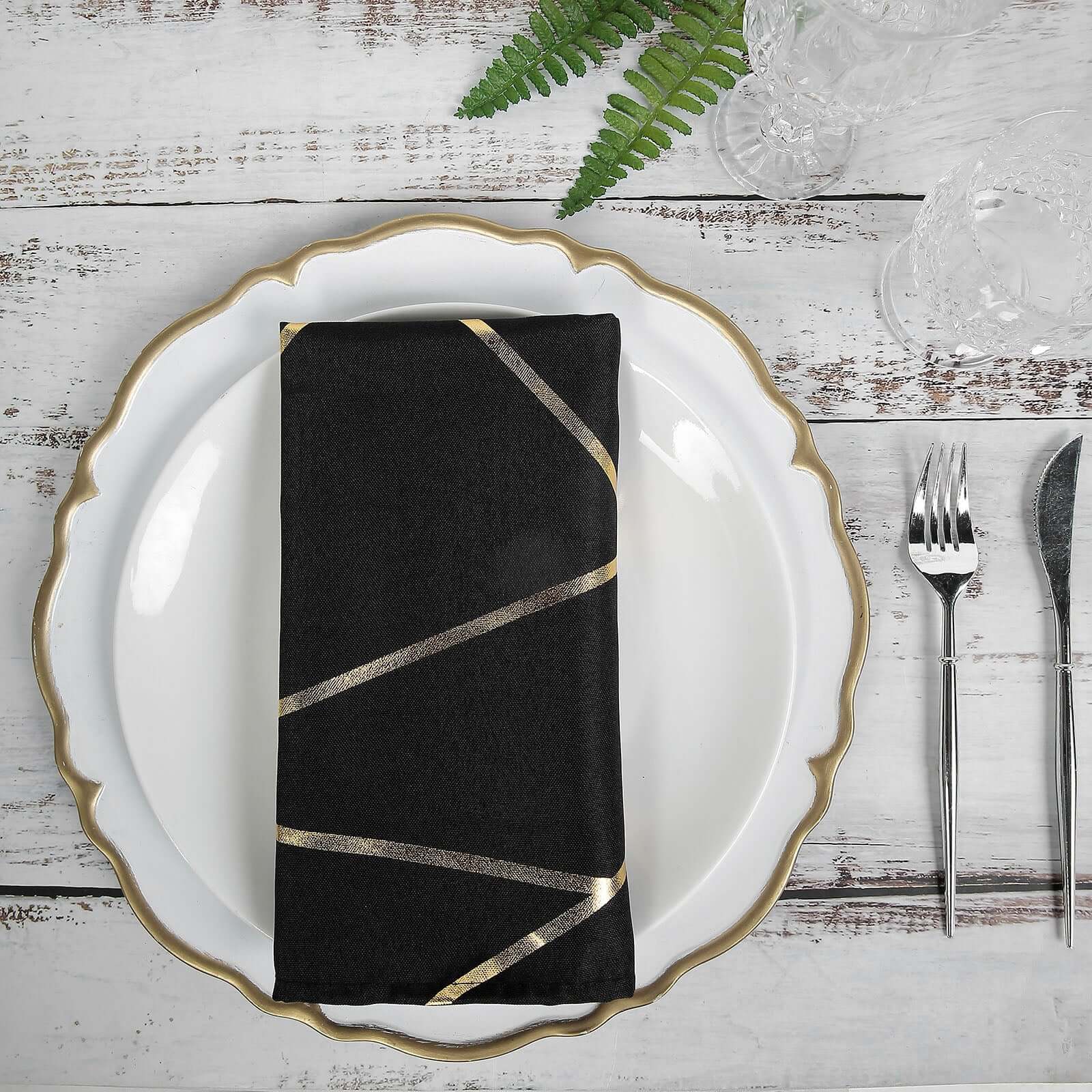 5 Pack Polyester 20x20 Napkins Black with Gold Geometric Foil Pattern - Modern Reusable Dinner Napkins