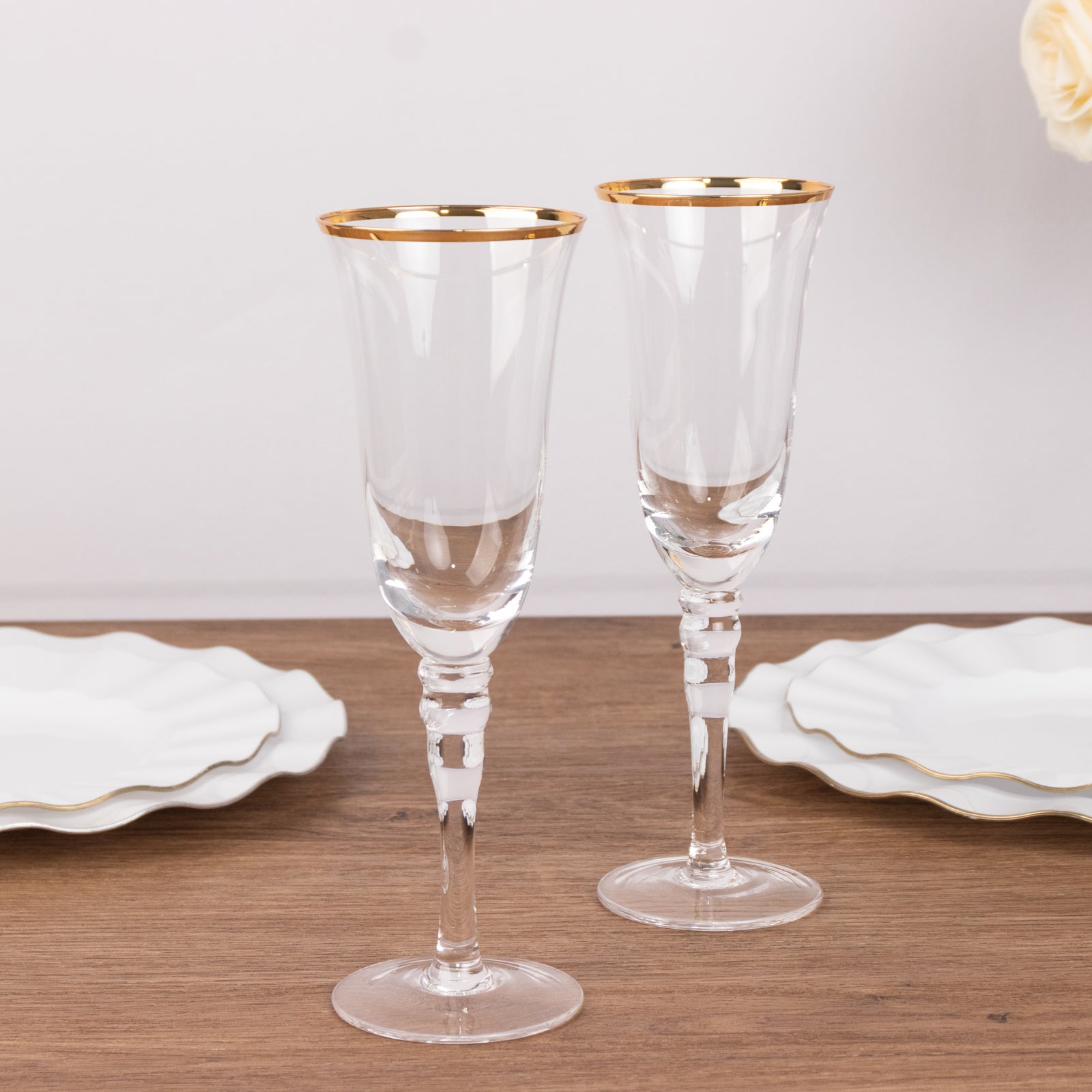 6-Pack Champagne Flute Glasses Clear Gold Rimmed Design with Long Beaded Stem - Chic Crystal Glassware for Wine & Events 6oz 8.5