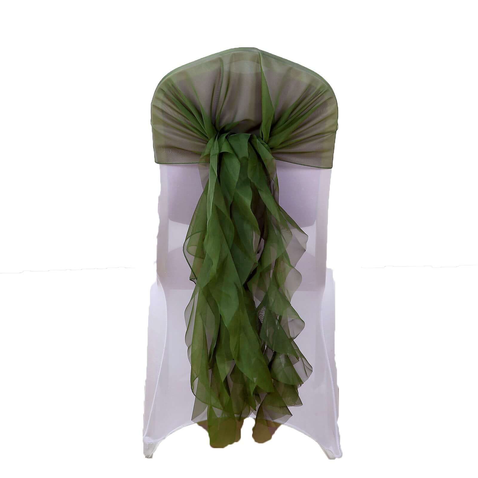 1 Set Chiffon Hoods Chair Sashes with Willow Ruffles Design Olive Green - Stylish Chair Bow Decor