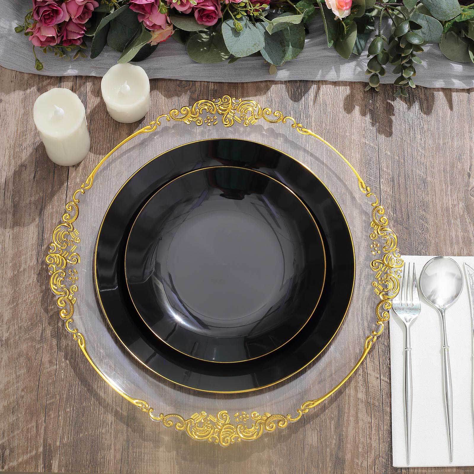 10-Pack Plastic 10 Round Dinner Plates in Black with Gold Rim - Glossy Disposable Party Plates