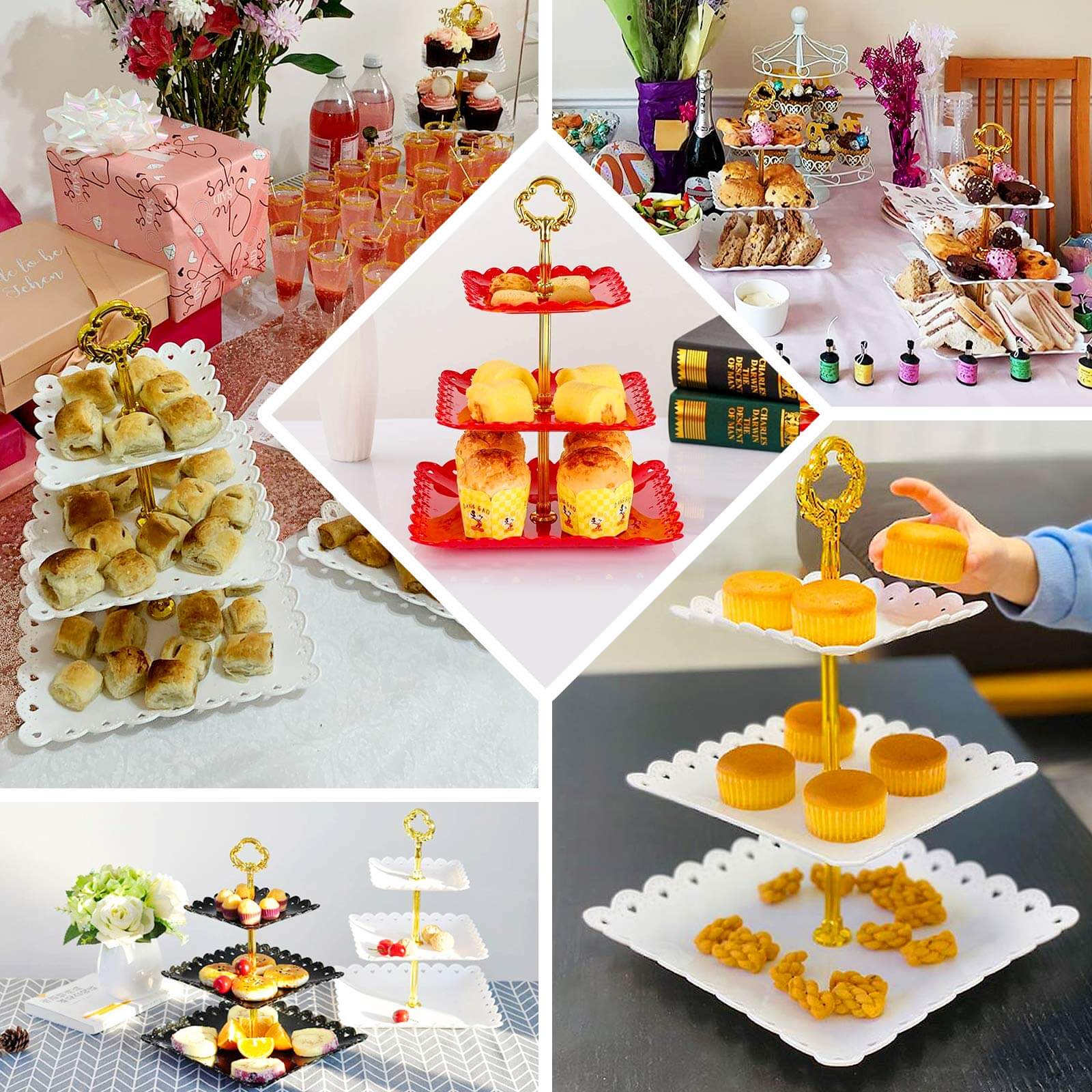 3-Tier Plastic Square Cupcake Stand Tower White - Charming Disposable Dessert Display Serving Tray Platter with Heart Wavy Edge & Gold Top Handle for Tea Parties Weddings & Special Occasions 13