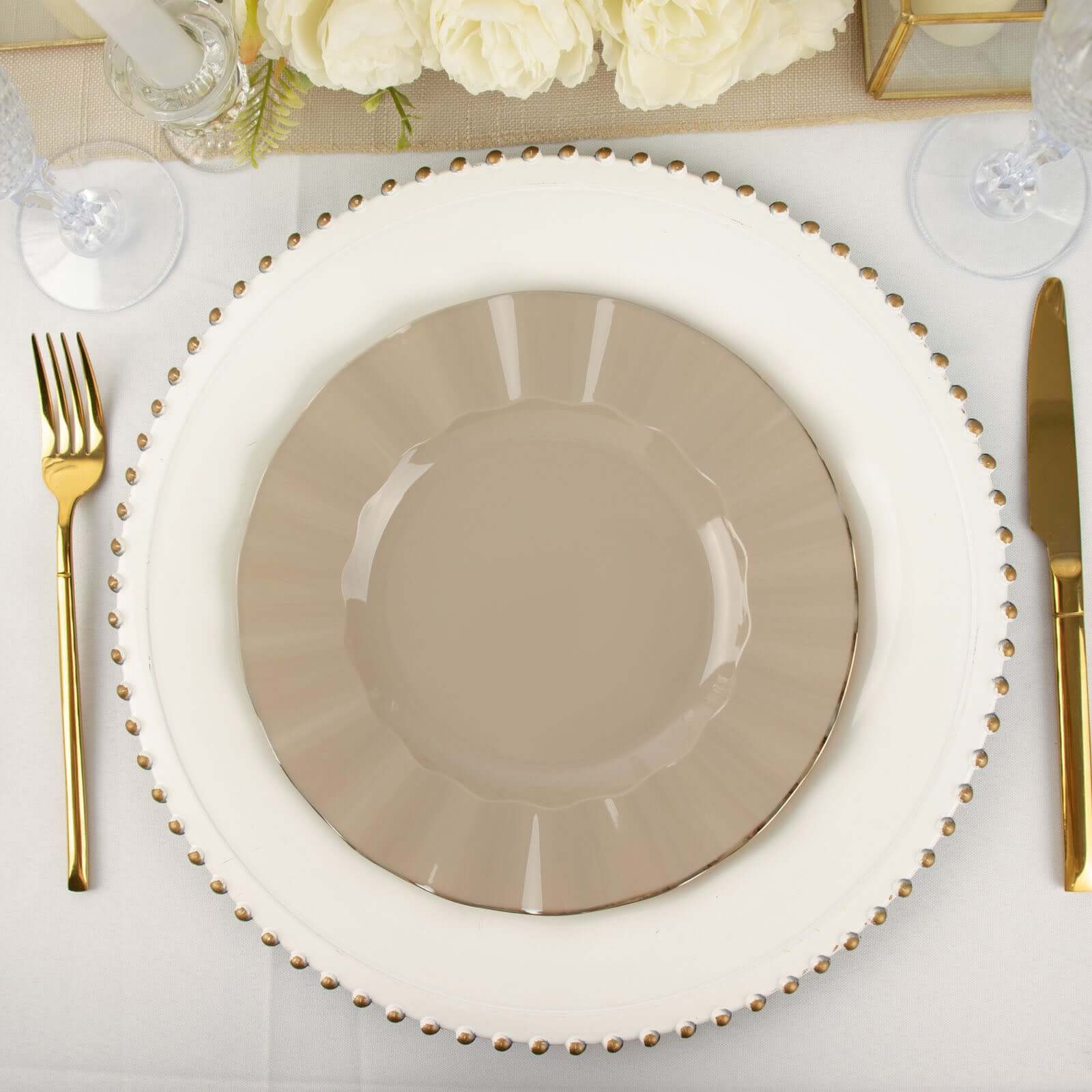 10-Pack Plastic 9 Round Dinner Plates in Taupe Ruffled Rim with Gold Edging - Sturdy Disposable Dinnerware